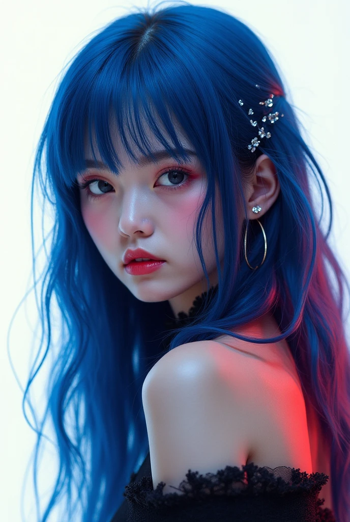 1 person、smile、(((Gradient hair from red roots to blue tips)))、See the view、Highest quality、masterpiece、Ultra-high resolution、8k、(Realistic:1.5)、RAW Photos、Perfect body、Big Breasts、Tank top、denim、Earrings、(In the Dark)、Deep Shadow、Discreet keys、(Warm Light)、Sexy look、bangs、Grey Sky、Shibuya、Outdoor、Shibuyaの街並みが一望できるビルに立っている、Shibuyaスクランブルスクエア、