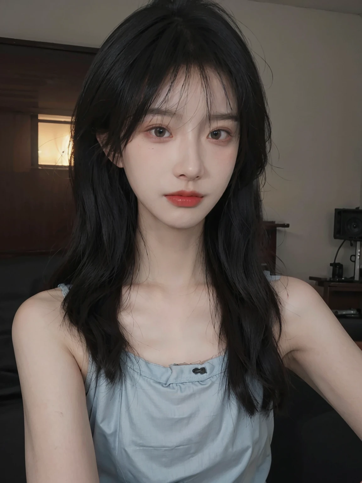 best qualtiy, Ultra-high resolution, (realisticlying:1.4),cute hairpin,1girll,Cropped black sweater ,head straight-looking at viewer,Full of atmosphere,Beautiful woman with a slim figure:1.4, abs:1.1, bathroom,Ultra-fine face,Elaborate Eyes,double eyelid,choker necklace