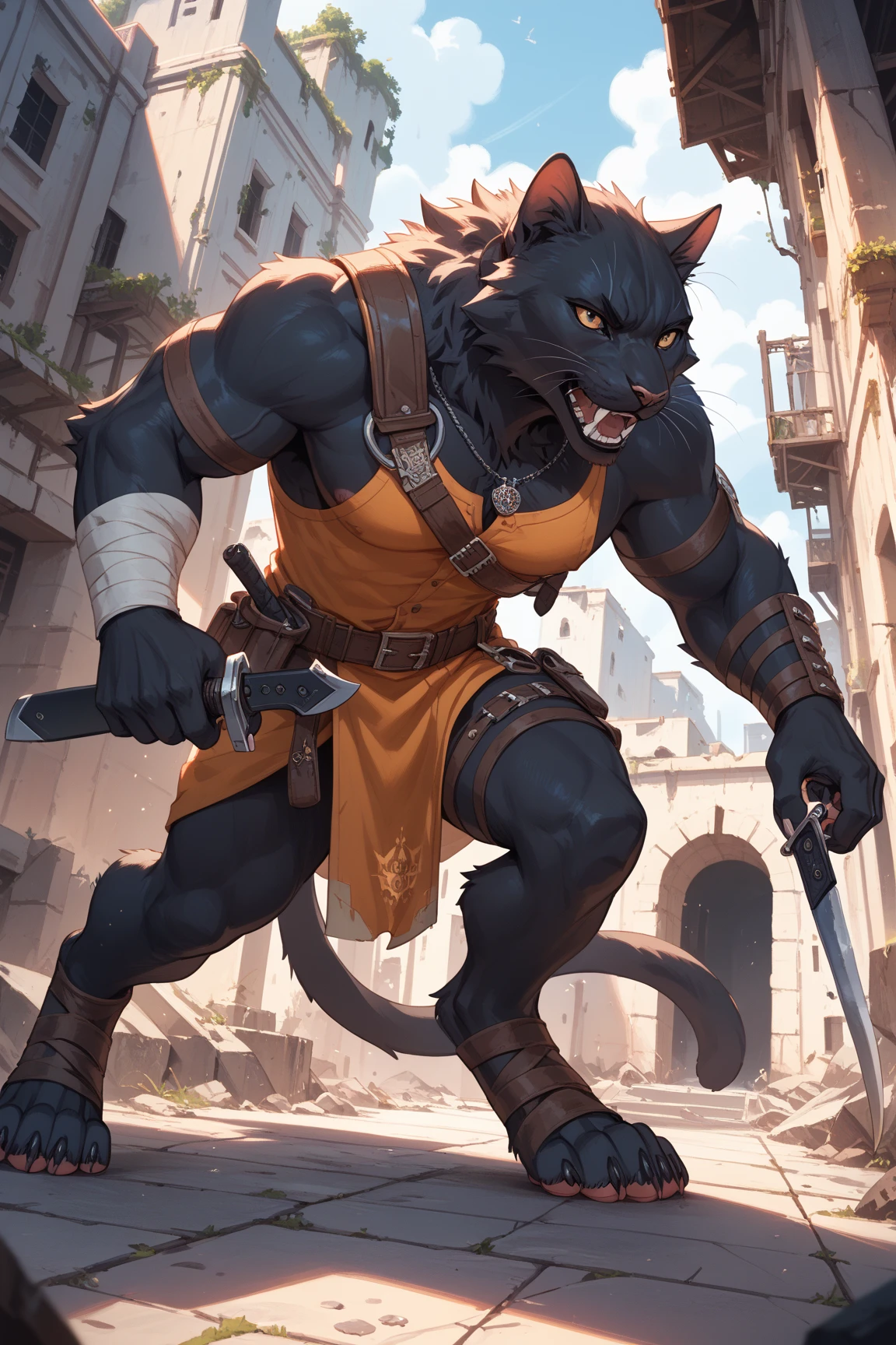 8k, photorealistic, ultra-detailed, hyper-detailed, tiger, heterochromia, left eye blue, right eye green, exquisite detailed eyes, intricate detailed eyes, holding a long sword pointing forward, highly detailed hands, intricate detailed hands, extremely high detail, post-apocalyptic, wasteland, abs weaving machine, blue and black fur, muscular physique, facing the screen