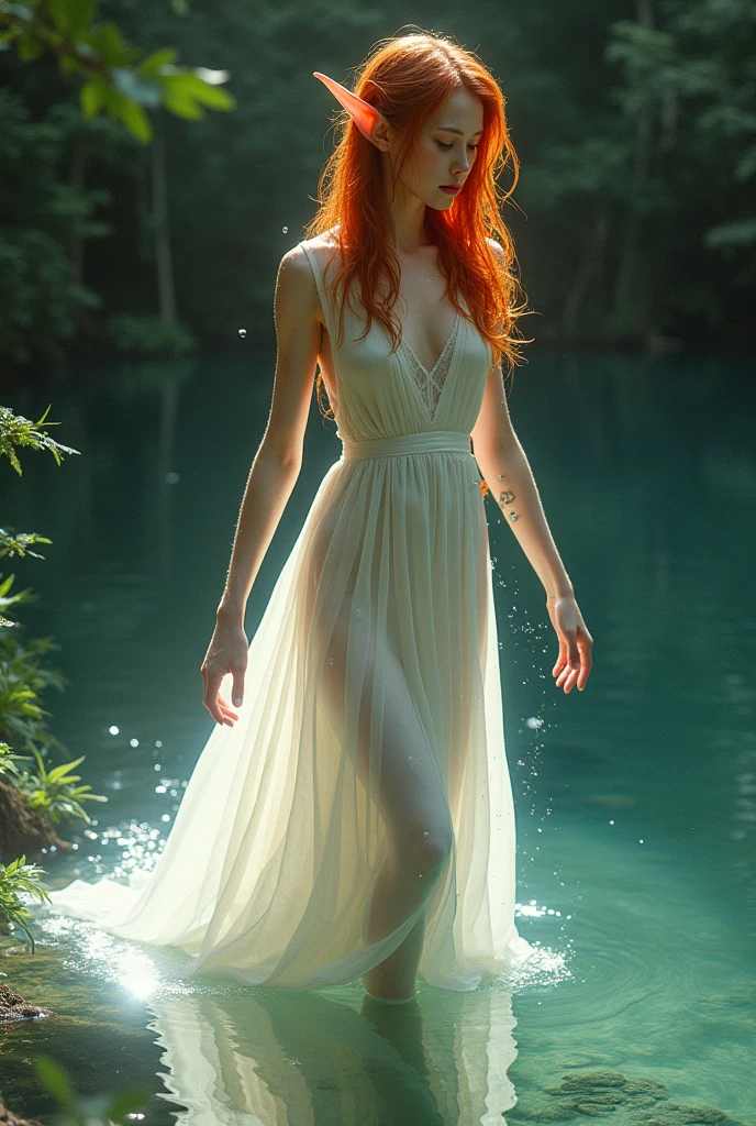 (photorealism:1.2), beautiful woman, red hairstyle, in a lake with mud, green lagoon with algae, wearing a white dress with a lampshade underneath, a lamp with fire, dark and gloomy atmosphere, realistic, intricate details, warm color ambient