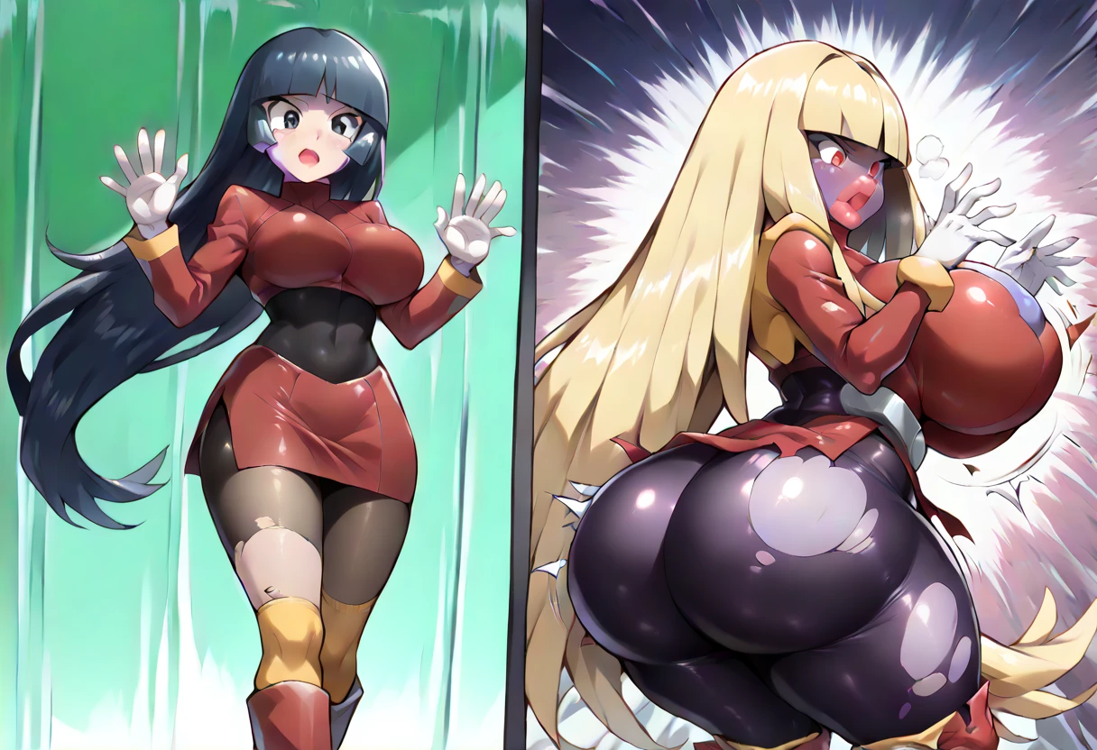 best quality,ultra detailed,score_9, score_8_up, score_7_up, score_6_up, score_5_up, score_4_up, source_anime, 2girls, guel, grey eyes, braid, empty eyes, green hair, long hair, huge breasts,(behind view,portrait),full body, cute, smile, face, black bodysuit, white bodysuit, no shoes, big ass, behind view, wearing heels, powerful, backside, heavenly ass, heavenly breasts, ass view, standing on lava, long legs, standing sexy pose, hug