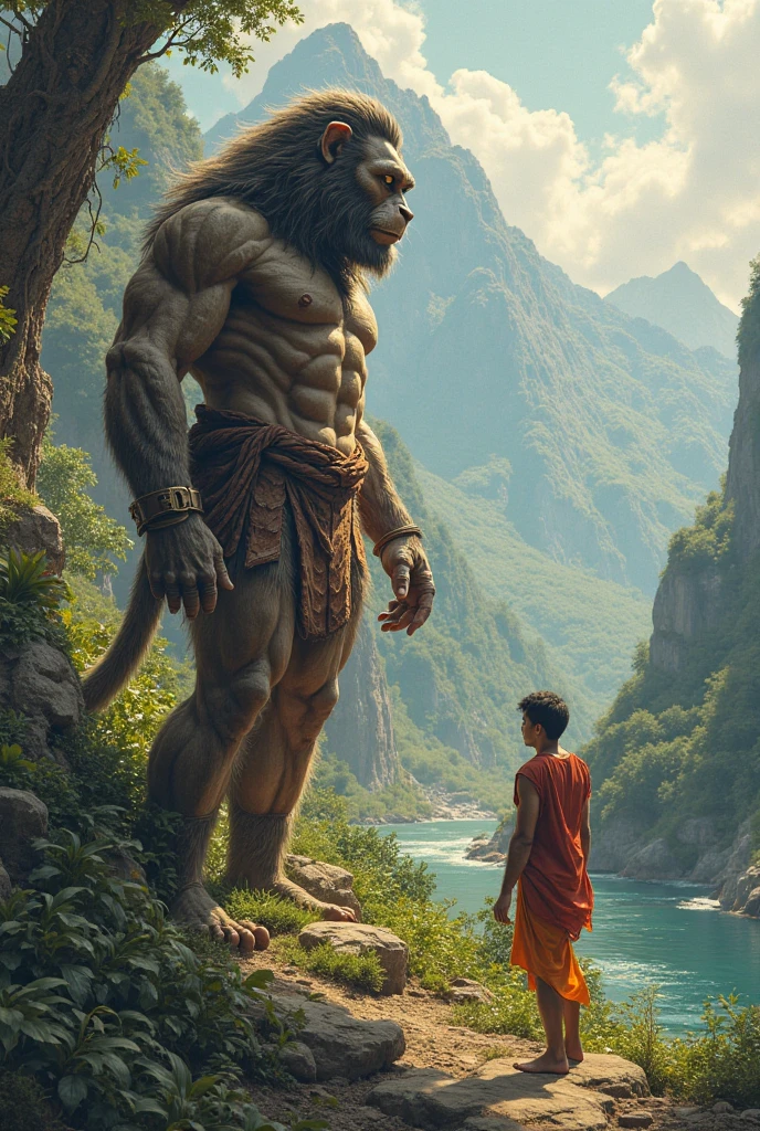 A man is tied to a tree, and in front of him is a large muscular tiger (a barbarian tribe) standing looking at the man and taking off his pants.