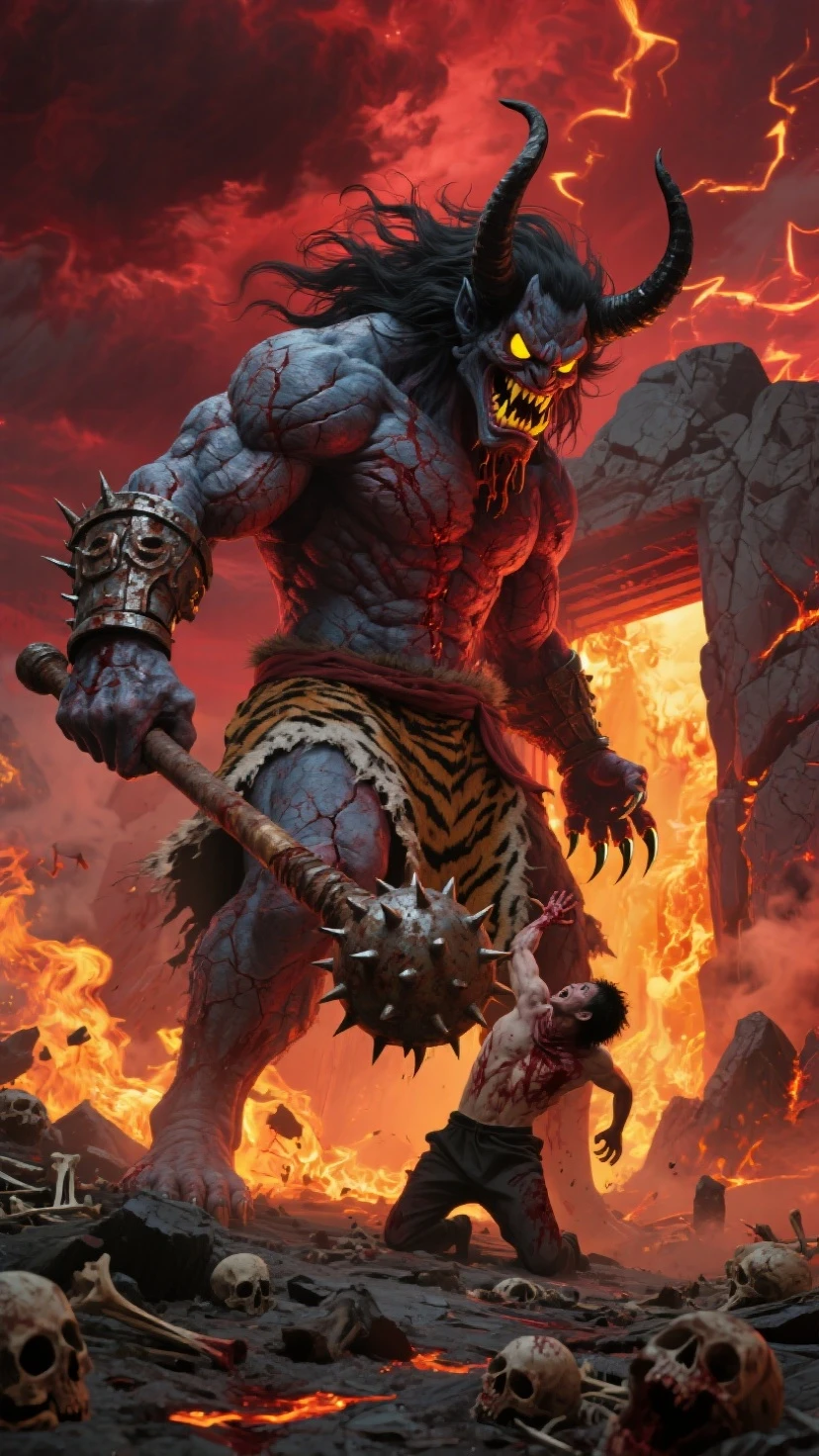 Red-scaled reptilian warrior with curved horns. That medieval belt On top of a rock He raises his arms intimidatingly, carrying a sword. Silver In front of you several human slaves bent over. in the background an erupting volcano.