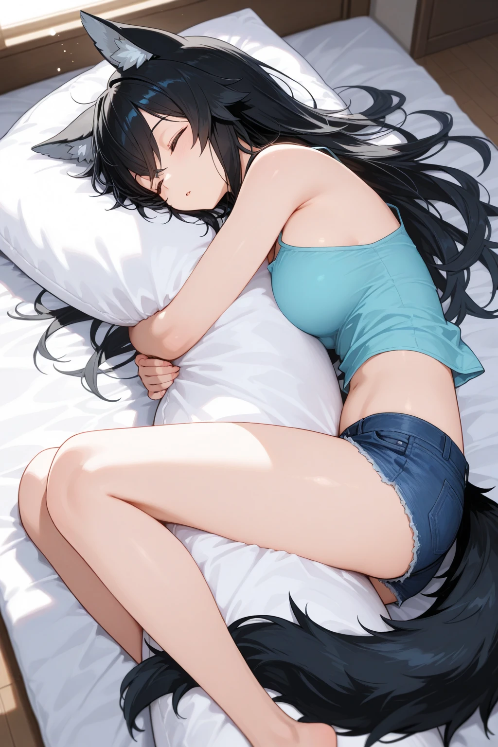 (An exquisitely rendered masterpiece of) a young and beautiful 22-year-old woman, (soundly asleep) with black long hair, (possessing large breasts) that are thick and full, head on the pillow, (wearing pajamas consisting of a top and dolphin shorts), (lying in bed) with closed eyes and a peaceful expression, in a bed sleeping sideways, (covered by a blanket) that is straight at the foot of the bed, window to see night cityscape view, front view, dolphin shorts Showing the edge of underwear

(High definition, ultra-realistic, intricate details), masterpiece, best quality, a girl, sleeping,  bangs, large breasts, full body view
