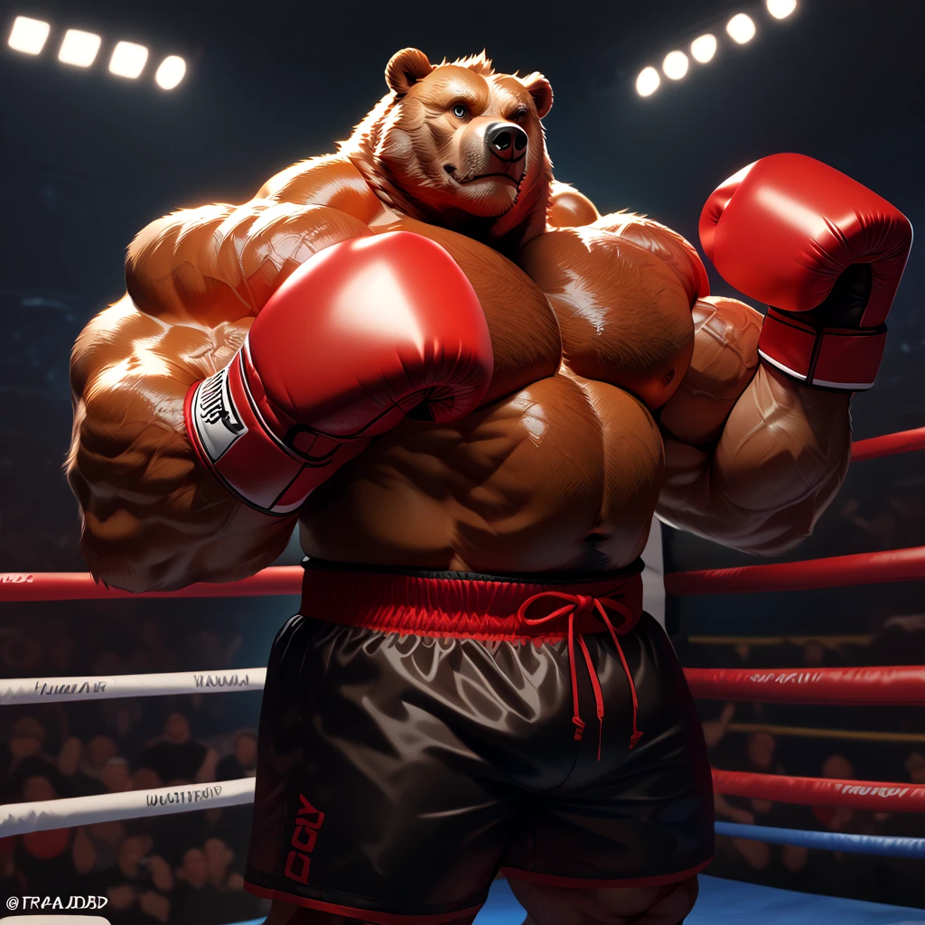 ((solo)), (anthro:1.2) bear (lora; little john), adult, (athletic:1.4), (dense muscles), (super strong:1.4), (correct anatomy:1.2), (broad shoulders:1.2), (heavy build, massive body:1.6), (realistic fur, detailed brown fur texture:1.3), kickboxing martial arts tournament background (corner of the kickboxing MMA ring:1.6), photorealistic, (black compression shorts), (bare torso:1.4), (footwear:1.2), (detailed clothing), hyperrealistic, ultradetailed, (by wfa:1.2), (by takemoto_arashi, by vorusuarts, by Traver009:1, by grimfaust:1), natural lighting, (wet. sweat:1.4), exhausted, ursine head (open eyes, brown mane), (steaming breath:1.2), ((serious:1.4) expression), (punching:1.4), (view from center:1.4)
