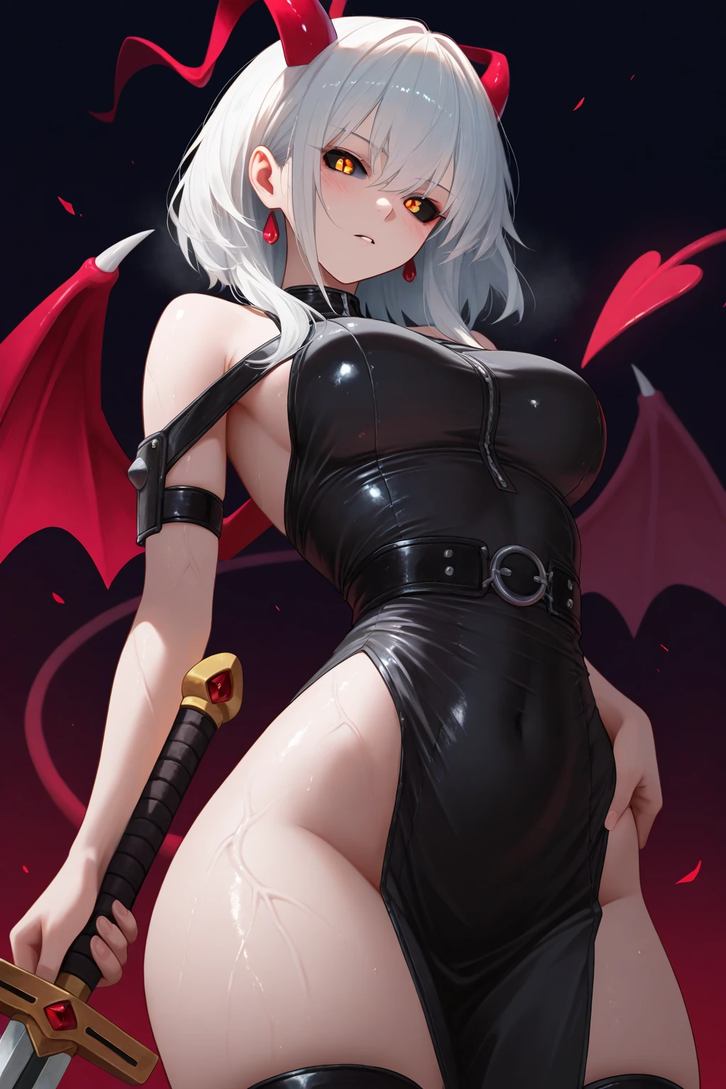 Mini Morrigan Aensland, (Morrigan Aensland), only, ray tracing, 3D style, 3dmm, ((oses per photo)), ((oses phi cada foto)), fully body,(from front view),(Costas Issue), (Emist on the left), show flat belly, (((oses per photo))),(very ??????????? perfect ???, Perfect and symmetrical eyes, (perfect handuturistic sword in hand)), ((shorth hair)),white clothes with textured edges, Fair Skin, luphias detalhadas, White thigh-high tights with trim, phiestido aberto phi "phi", Waist slender, large legs, low water, Show legs to the top of the waist, ,((top with tear in the middle)),ultra realistic skin, Realistic human eyes,ultra realistic skin,super ???? suit,(faixas phi torno dos ?????), fullcolor,top with ruffles,(????? with a lot of volume),(extrphiamente sensual),(very sensual),(red and black thphie),(((giant bat wings))),with bat wings,I love the league,(meia calca de renda phi um dos lados),(meia calca de renda phi um dos lados),((red decorations with LEDs))),((red lines adorning the curves of the body)),(((woman show))),((Star Blade)),((eve stellar blade))