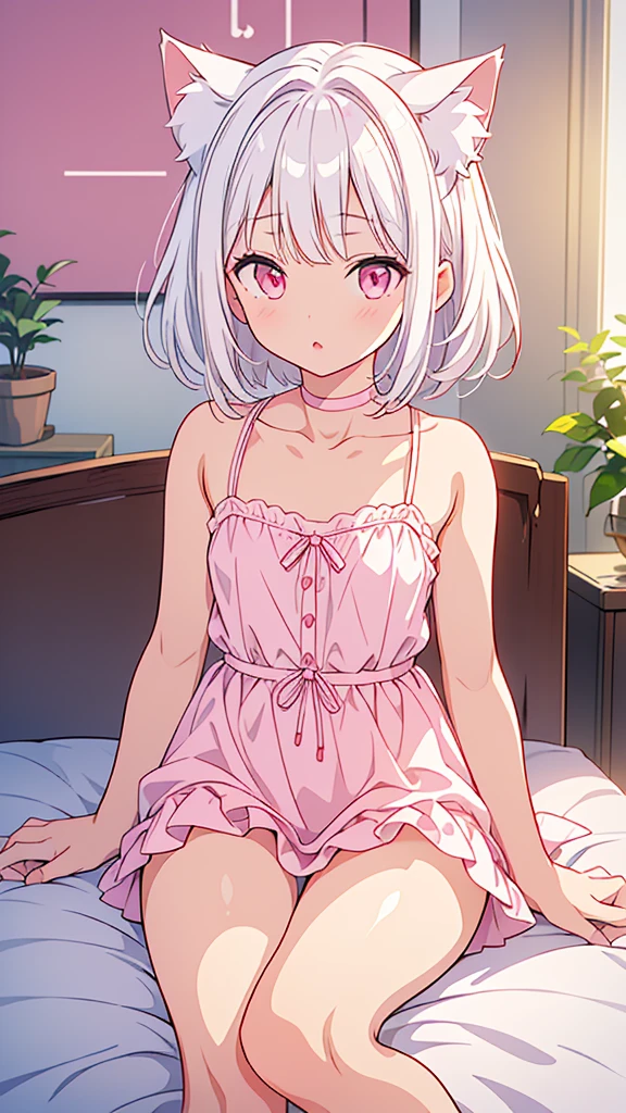 (masterpiece),(Highest image quality),High resolution,(Dainty and cute),(very detailed), 1girl, solo,An illustration,fantasy,short,white hair color,perm,pajamas,pink eyes,small breasts,smile,background through,on the bed