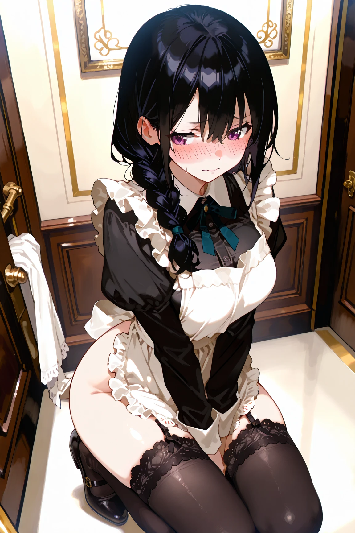 Anime. 1 girl. Housemaid. Black hair. Long hair. Hair is gathered in braids. Green eyes. Beautiful eyes. Perfect eyes. Expressive eyes. Beautiful nose. Ideal anatomical body. Beautiful graceful hands. Beautiful graceful legs. Medium breasts. Beautiful breasts. Maid uniform. Diarrhea. Wants to poop. I need to poop. Pooping diarrhea in panties. I crap myself. Diarrhea flows down the thighs. Standing at the door to the toilet. Full height. Toilet in a mansion. Embarrassment. Blush. Whole body. Extremely detailed CG Unity 8k wallpaper. Ideal lighting. Ultra high resolution 4K. Super detailed 8K resolution.