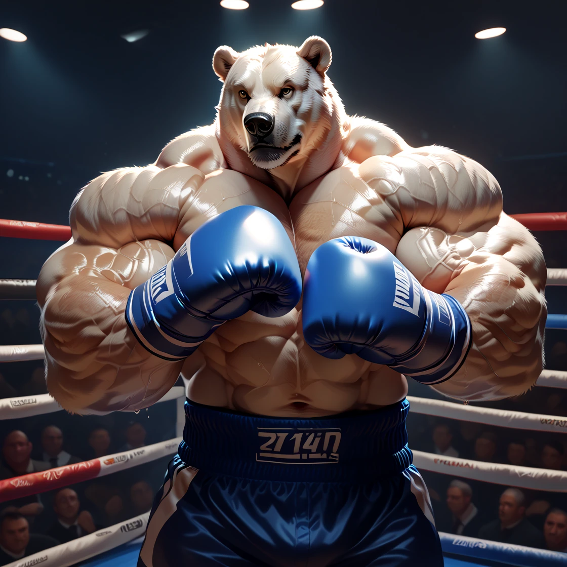 male anthro polar bear, huge muscular chubby, dynamic pose, bust portrait, underwear, solo, realistic white fur, detailed background, bedroom, detailed whote fluffy fur, long fluffy fur, photorealism, fighting ring, hdr, short tail, crowd, purple stage light, blue leather gauntlet