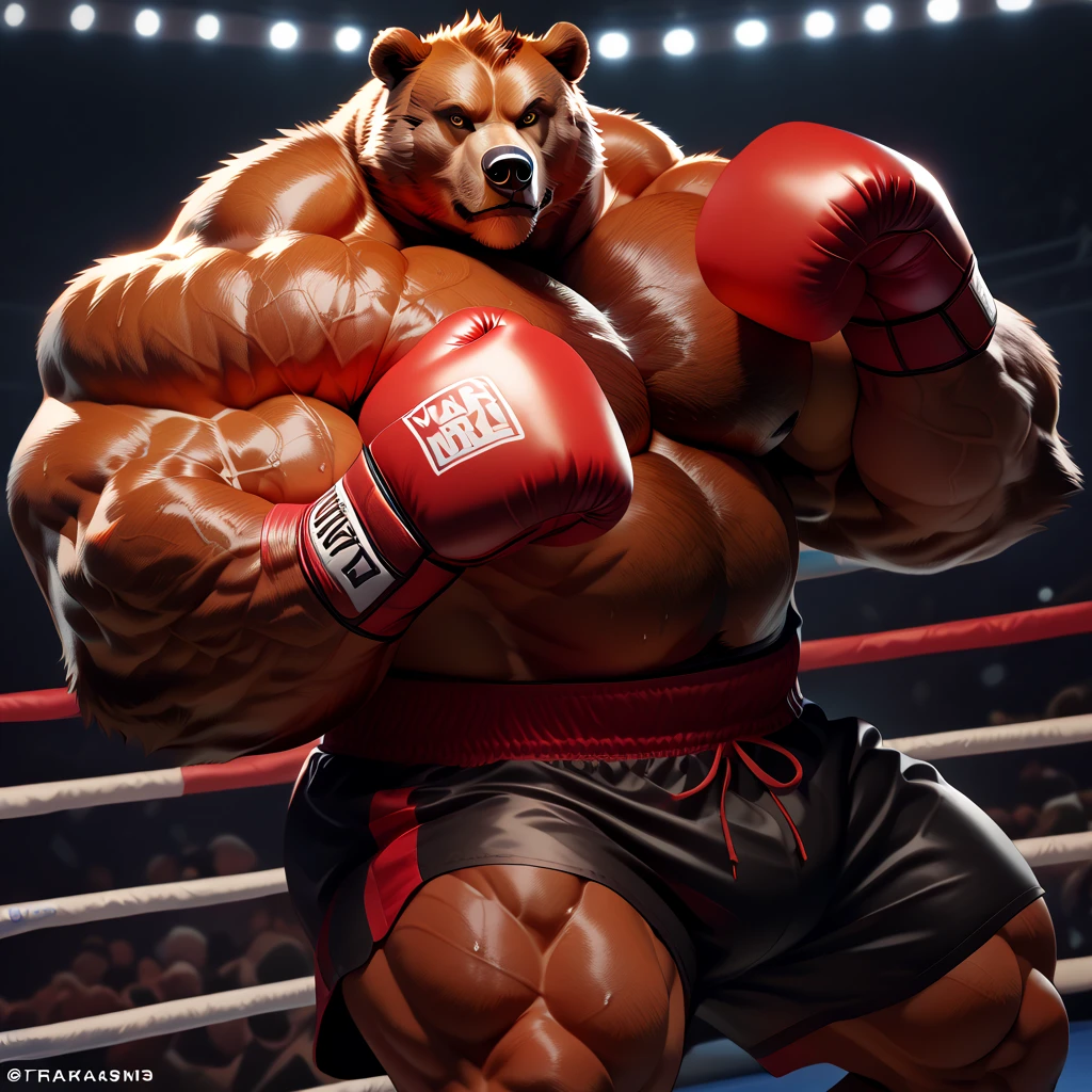 a huge muscular kodiak brown bear, extremely detailed brown fur, powerful pecs, beer belly, veins popping,red boxing gloves, black boxing pants with red line, flexing for boxing victory, masterpiece, 8k, ultra-detailed,realistic,photo-realistic,physically-based rendering,vivid colors