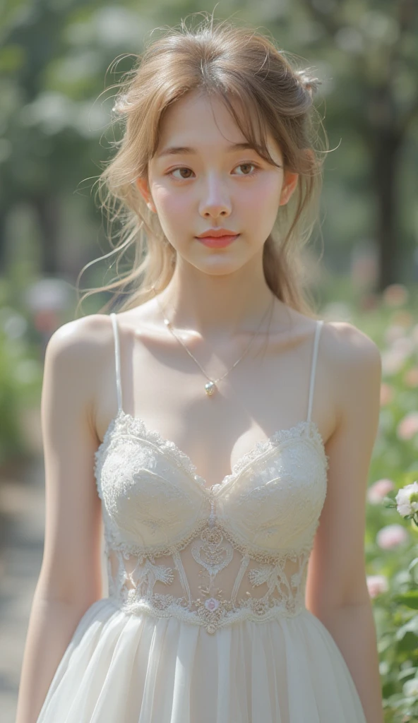 The tooltip for a given topic is as follows: "Girl with a European face, Aryan face, Violet, 1girl, (Solo focus), (view the viewer), Blue eyes, Blonde hair, (Best Quality, 4k, 8K, hight resolution, Masterpiece:1.2) Ultra-detailed features, including realistic, Photorealistic eyes and face. The image shows a medium (Insert Material) that resembles an illustration, oil painting, or 3D rendering. Girl in garden with bright flowers and sharp focus, soft studio lighting. The overall atmosphere is calm and serene, with a touch of unearthly beauty. The color scheme is dominated by shades of black, Creating a dreamy and surreal aesthetic.",  Medium chest, slender body, unparalleled beauty sexy and very beautiful face, Sexy see-through clothes with open chest and visible bra, Detailed and delicate bra made of silk,