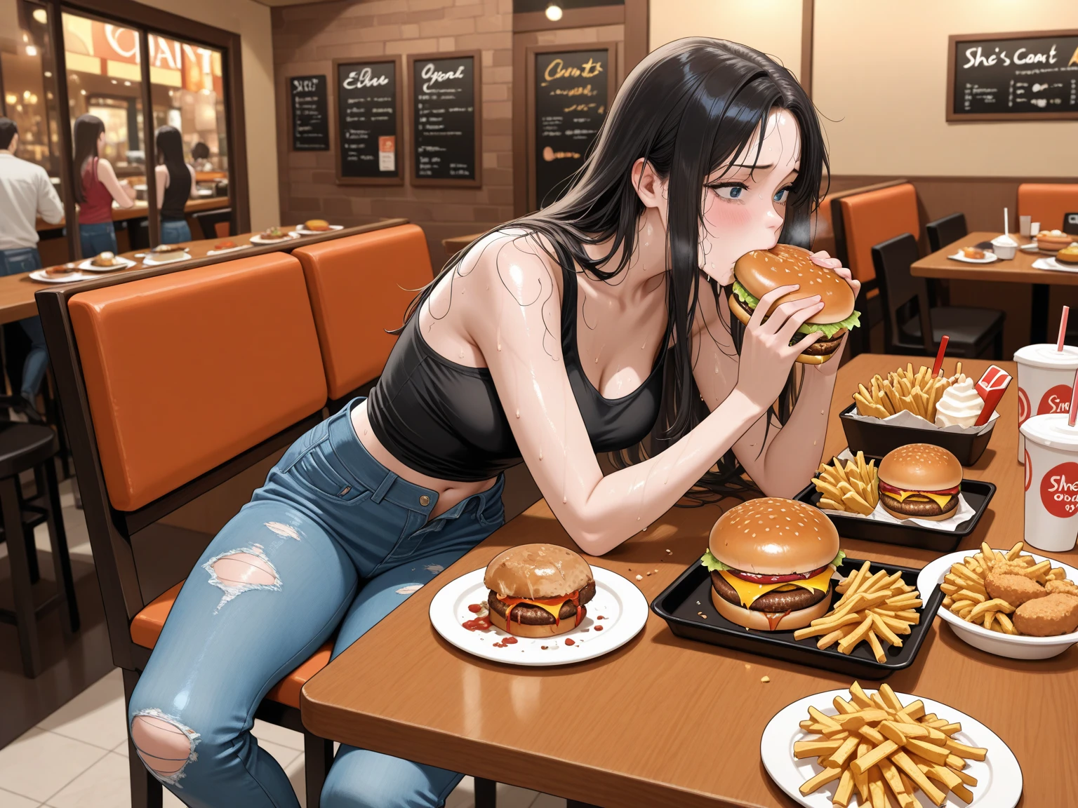 A woman in a tank top and slim jeans eating a taco at a taco shop　The cola is on the table　Large Breasts　Big Ass