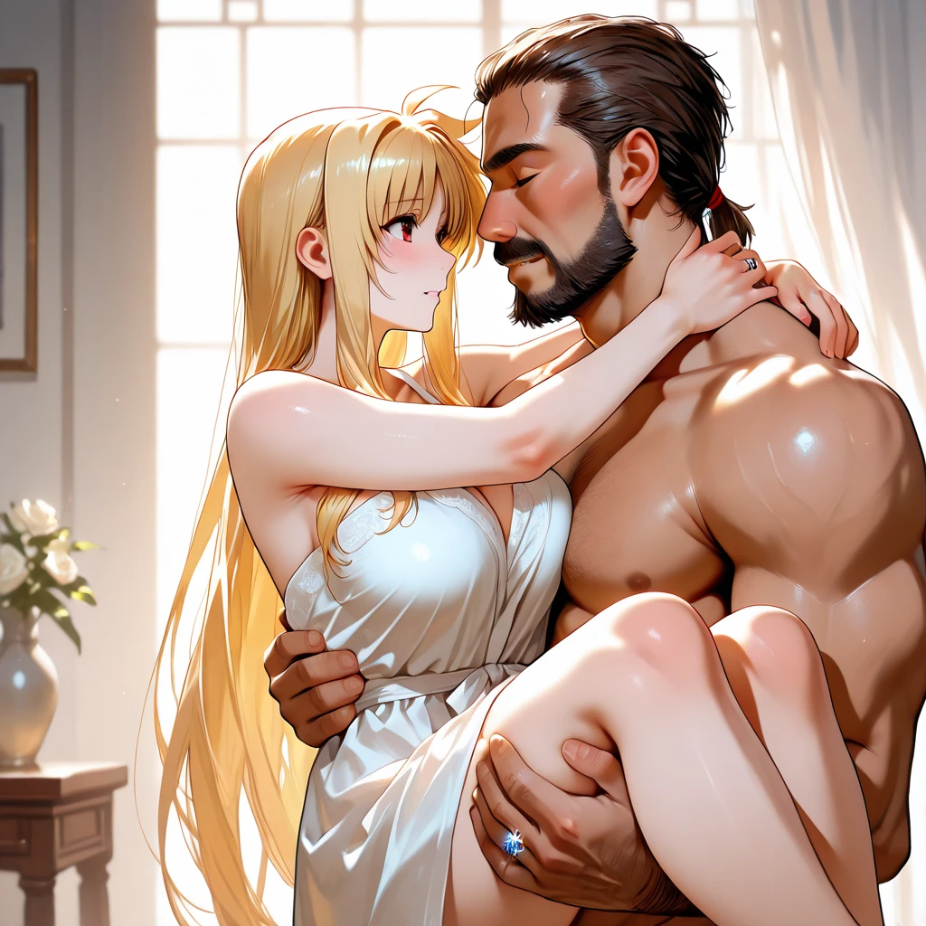 ((Highest quality)), ((masterpiece)), (detailed), （Perfect Face）、The woman is the Greek goddess Tyatia, wearing a white Doric chiton from ancient Greece, with medium blonde hair and green eyes.、The woman is embraced and impregnated by a middle-aged bearded male god of ancient Greek mythology on a bed in a temple of ancient Greek mythology.、The man is a muscular, middle-aged male god with naturally curly hair from ancient Greek mythology, wearing an ancient Greek Doric chiton, embracing a woman and having sex with her.、A woman is having sex with a man who inserts his penis into her vagina and ejaculates a large amount of semen into her.