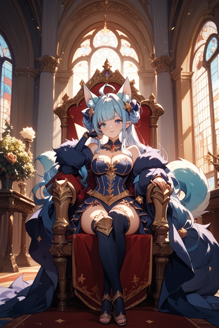 best quality, best resolution, solo, (fluffy anthro furry), arctic fox woman, tall, silver hair, blue eyes, (white fur), long straight hair, fox ears, long snout, big breast, sophisticated manner, (fancy purple and gold dress), smile, sitting in chair, reading a book, lavish fireplace