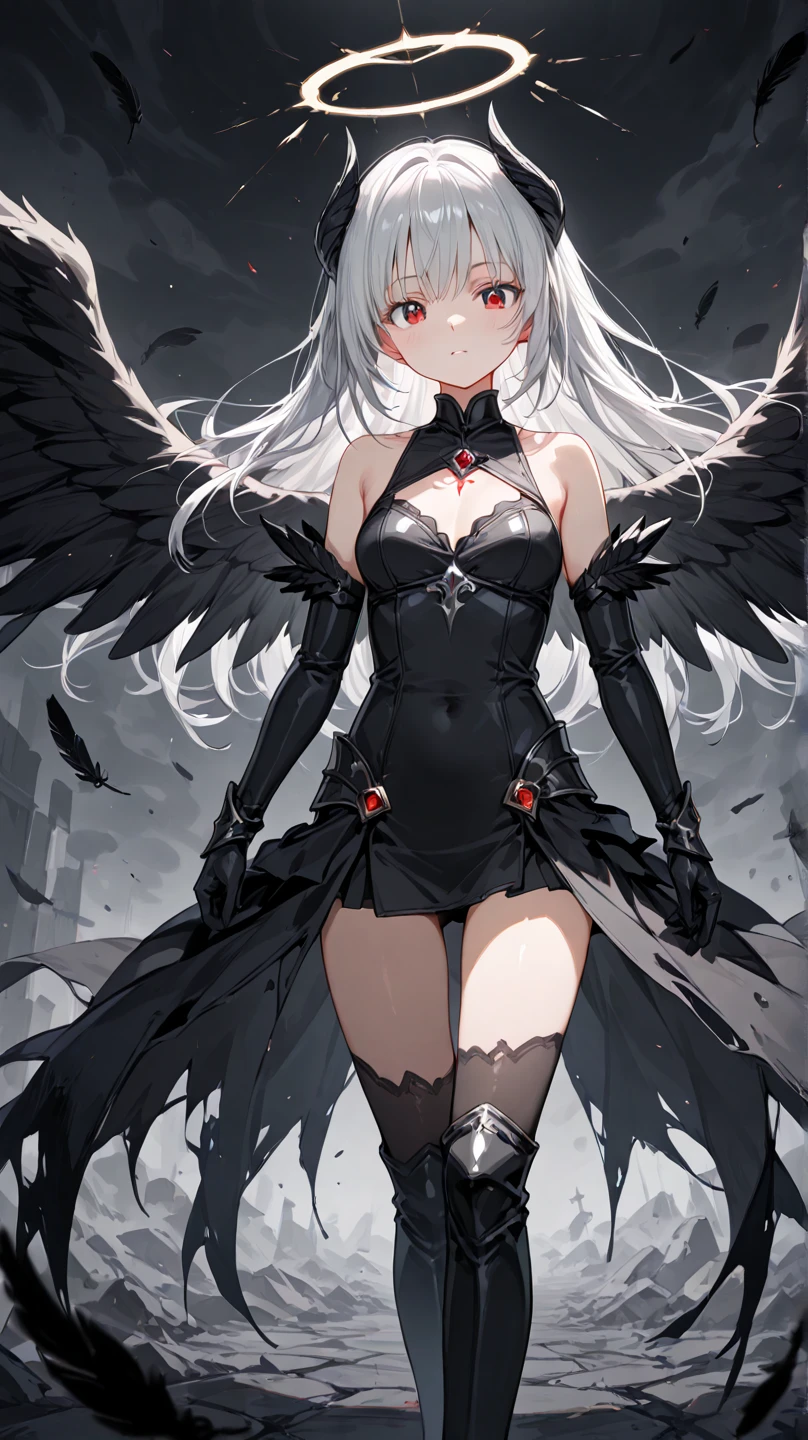 bokeh, cinematic lighting, full body, (wide shot:0.8), angry, shorts
a monochrome image of a fallen angel, clasping her heart. The only thing that has color are her (bloodshot and veined red eyes), and the (cracked and shattered corrupted energy flowing around her). She seems tormented and anguished, (hunched over as if in pain). Her tattered and torn wings add to her desolate appearance. The fallen angel stands in a desolate and barren environment, surrounded by dark and stormy clouds. The image should (evoke a sense of despair and torment), with the fallen ((angel's expression reflecting her inner anger)) and anguish. The monochrome color palette should enhance the somber and melancholic atmosphere, while the red eyes and corrupted energy serve as stark contrasts, symbolizing the intensity of her emotions. The image should feel like a window into the fallen angel's anger, with the viewer being able to sense the turmoil she feels deep within her soul