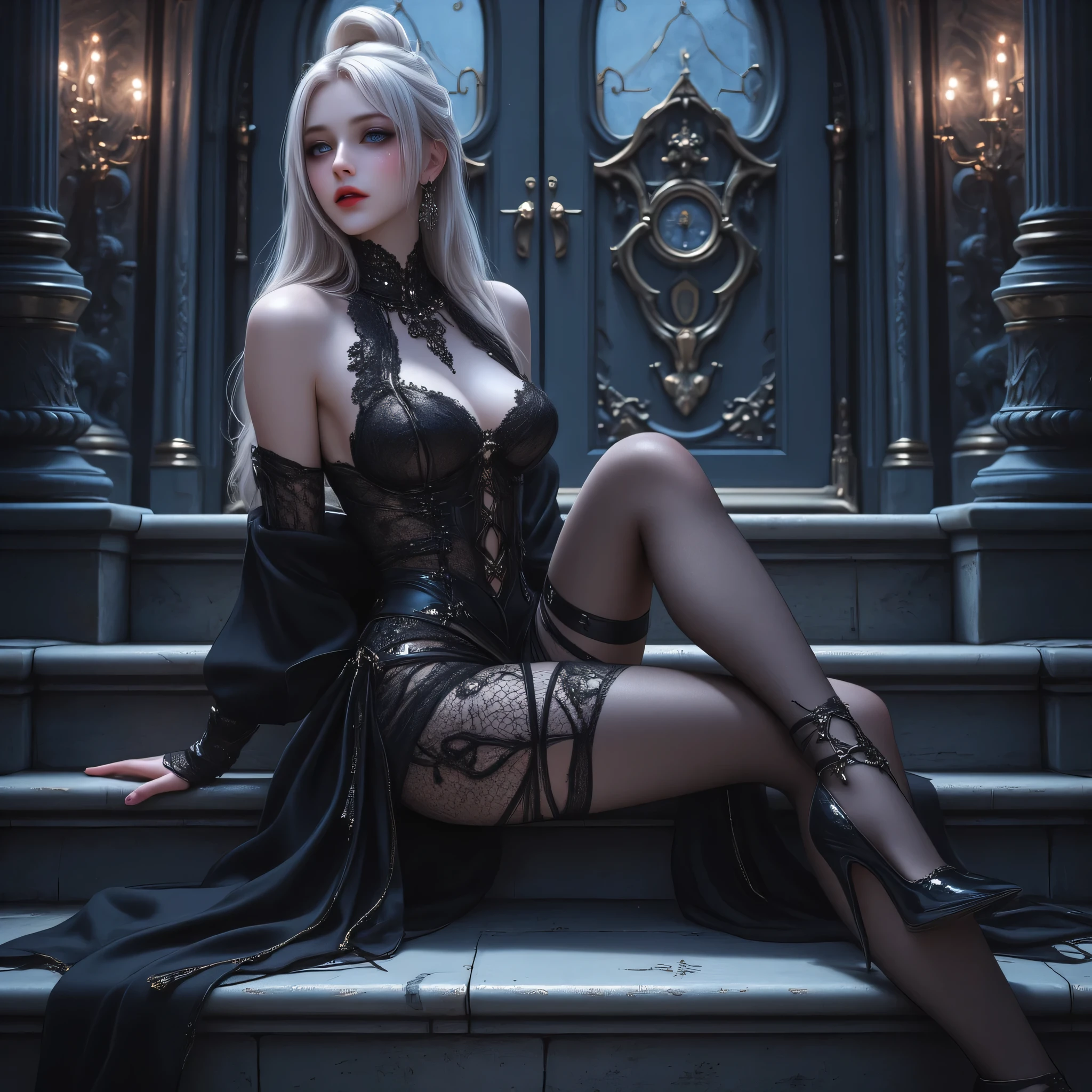 Create the fullbody cyborg vampire image of a portlate, cosplay, Blonde Hair, steampunk, cyberpunk, noble and elegant vampire girl, Beautiful alluring colorless eyes, A Vampire Cyborg Female with a refined and elegant appearance, she has a lot of time, Loose hair and angular features, her skin should be pale and flawless, With a touch of potus transcendental beauty, her eyes should be deep and seductive, With a predatory glow, An allusion to their insatiable bloodlust, (They have to wear sheer erotic clothes, That are transparent, modern and timeless), Her style refers to the long history of human life, When she wakes up from a deep sleep, she Should Exercise Calm Confidence, Exudes an aura of danger and intrigue, Cinematic, gothic art style, Ultra-realistic realism, Psychedelic surrealist art, Surreal psychedelic design, Dreaming style,  psychedelic art, Quality Quantity, skin texture, intricate details, (cinematic graphic lighting), RAW, 8K, Sitting on Baphomets Throne, With Skulls around