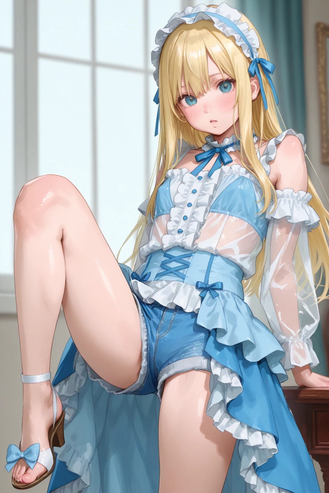 masterpiece, highest quality, Super detailed,1 girl,alone,whole body,from toes to head,blonde,long hair,small breasts,Russian man in uniform、Fine frills、(Panty shot、white panties:1.2),garter belt、looking at the viewer 、Standing position,