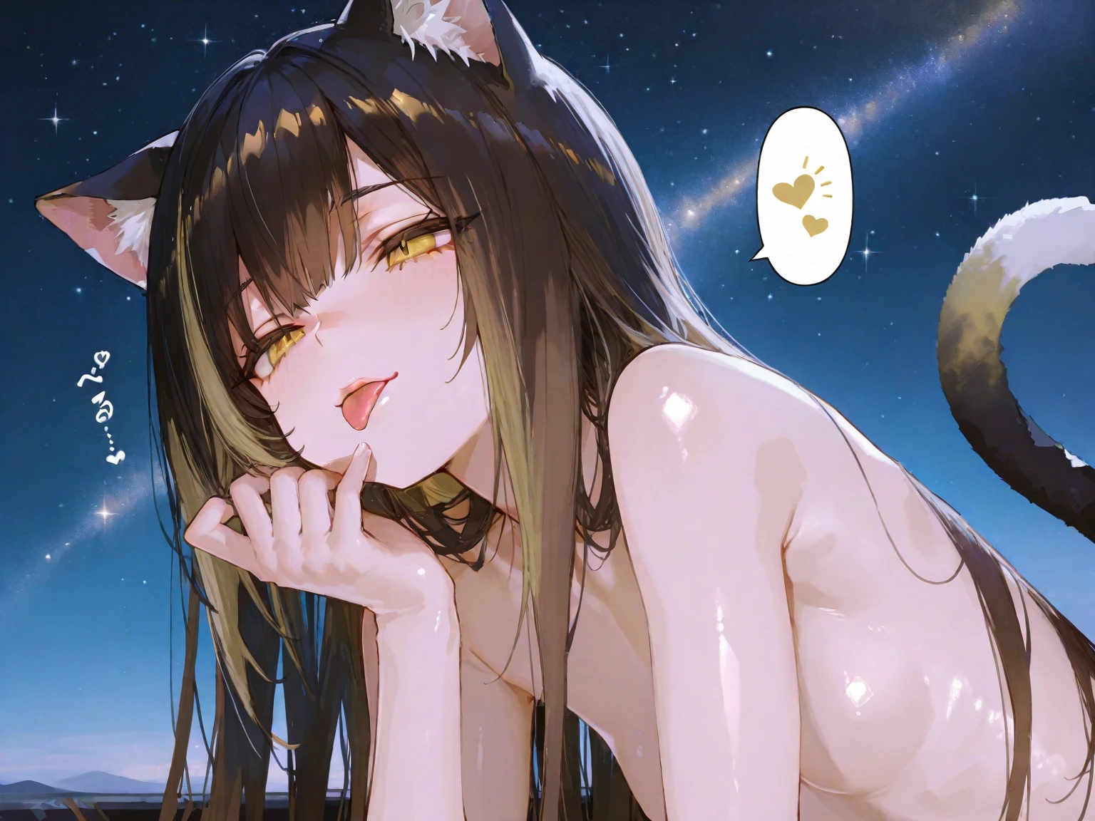 best quality,best resolution,(fluffy anthro furry :1.6),(young :1.8), cat girl,long hair,wavy hair,black hair,yellow eyes,glistering eyes,sparkle eyes,glowing eyes,ultra detailed eyes,beige fur,circle glasses,flower hair ornaments,naked,sparkle stars background,huge fullmoon behind girl,glistering dusts surrounded,light and shadow,full face blush,heart expression eyes,heart eyes,looking at viewer,shy face,smile,open mouth,fangs,upper body only,plenty pussy juice,close up,stand,side view