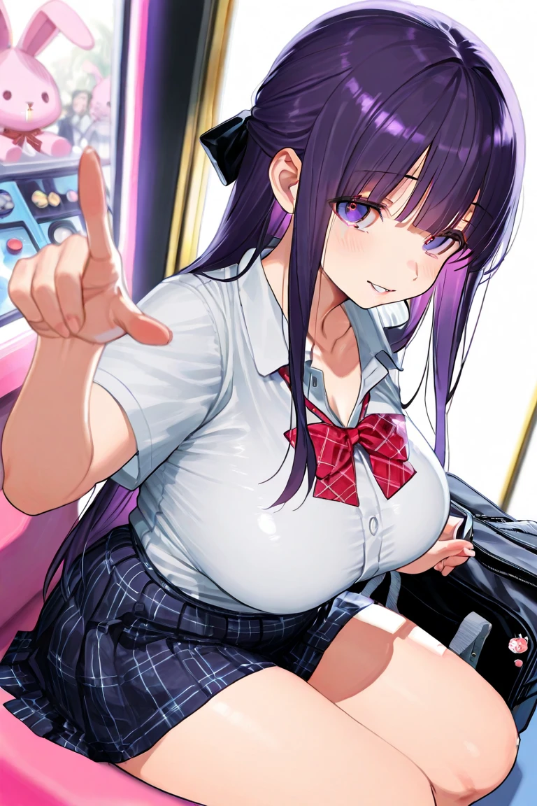 A topless girl with no underwear, a checkered skirt, erect nipples, short black hair, small breasts, and pale pubic hair is crying in disgust at the penis of a naked molester standing on a train, and is kneeling and holding it in her mouth