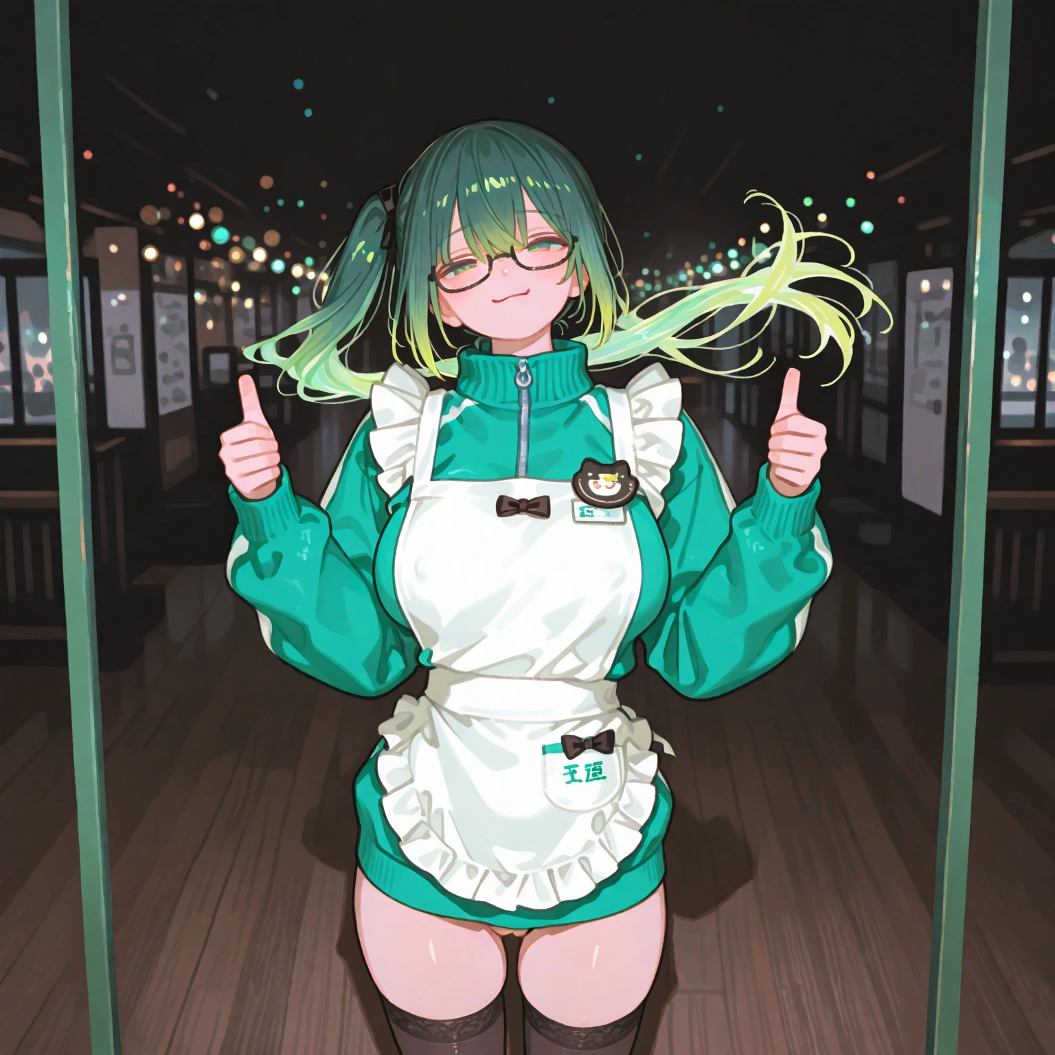 masterpiece,one girl best quality,1girl,plae white skin,green hair,pink eyes,green hair,side ponytail,hair ornament,flower,long hair,light frown,tsundere, black pantyhose, happy,single, yellow cum stains on pantyhose, pussy outlined through pantyhose, cum stains on croptop, food stalls, paying the foodstall owner with her body, sitting on a table with legs open