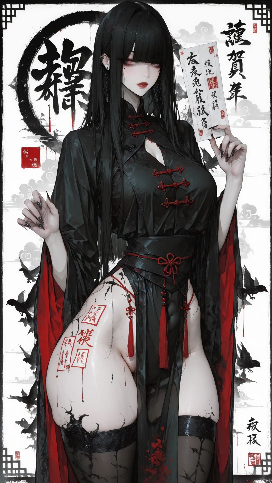 masterpiece、Highest quality、Realistic photos、Thick Fog、A beautiful Japanese girl in a very elaborate red kimono、((((On both hands、Accurately holding the skull of a Caucasian adult male))))、(((She spreads her legs to show her vagina)))、((Red background))