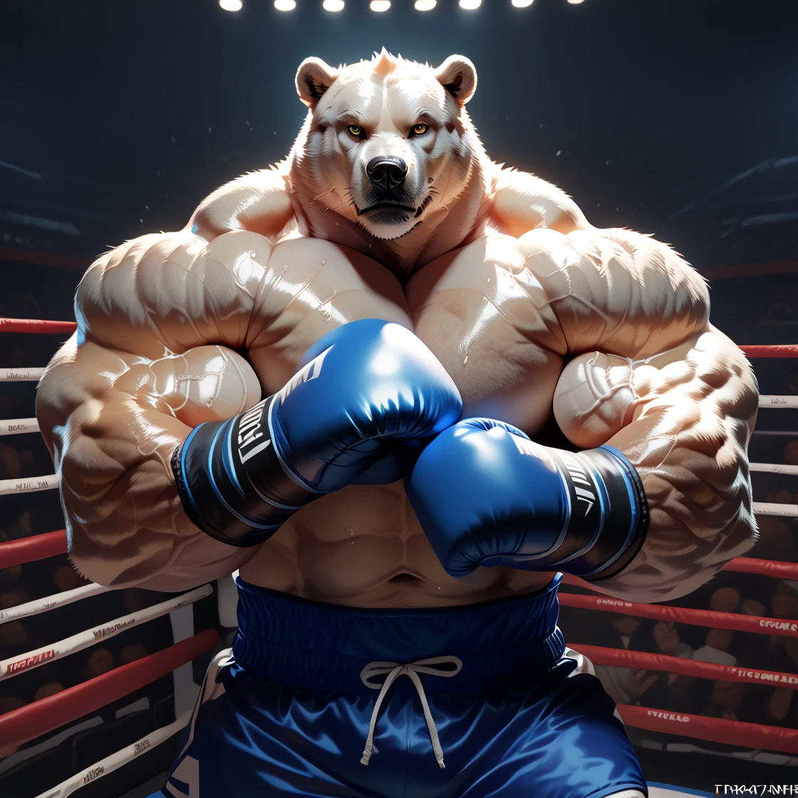 male anthro polar bear, huge muscular chubby, dynamic pose, bust portrait, underwear, solo, realistic white fur, detailed background, bedroom, detailed whote fluffy fur, long fluffy fur, photorealism, fighting ring, hdr, short tail, crowd, purple stage light, blue leather gauntlet