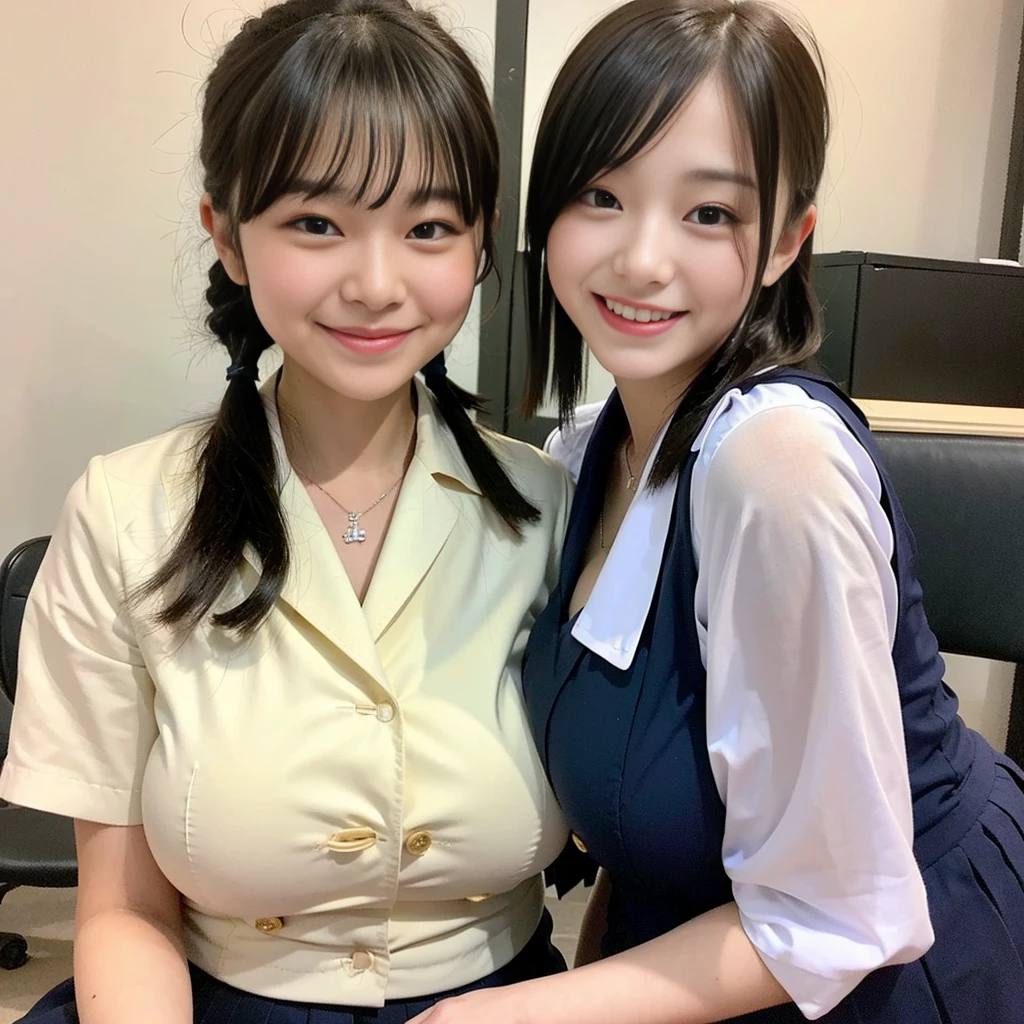 Highest quality、masterpiece、8K、Very detailed、Realistic、(Two Women)、(Looking at me with a smile:1.5)、0 years old:1.5)、(Wrinkles around the eyes:1.5)、(Wrinkles around the mouth:1.5)、whole body、Black Hair、Small face、(Slender:1.2)、(Big Breasts)、(Erect nipples:1.2)、(Waitress Uniform:1.2)