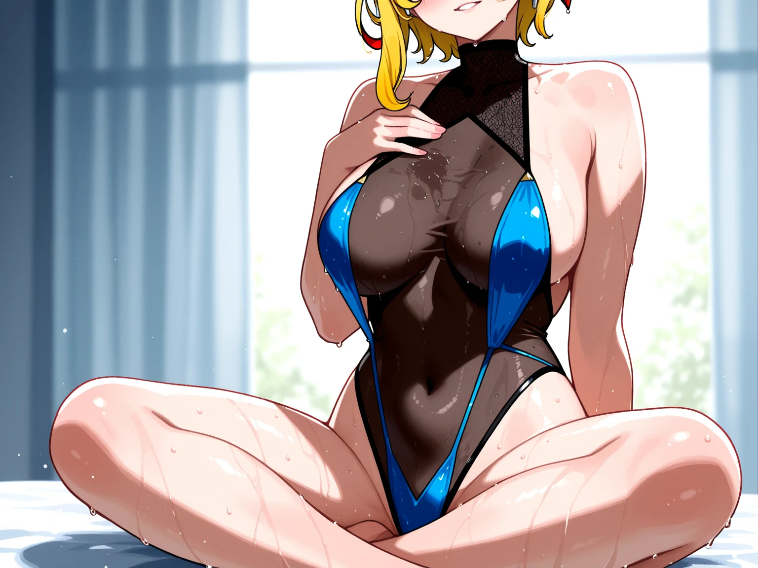 nsfw:1.2,prison,blonde,ponytail,blue eyes,Big Breasts,blush,Sweat,Untidy face,light purple leotard,Super High Leg Cut,barefoot,Face down,Lying down,Sticking out tongue,saliva,looks happy,tickle,joy,shy,tears,Ahegao,Overflowing Sex Fluids