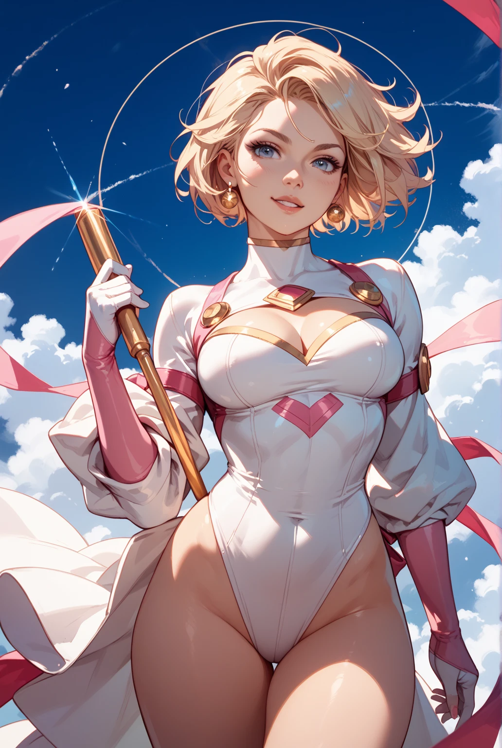 ANI_CLASSIC_jun_gatchaman_ownwaifu,1girl, 18yo,good anatomy, masterpiece, best quality,realistic, hyperrealistic, 16k hdr,
long hair,breasts,green eyes,lips,large breasts,lipstick,makeup,gloves,cape,helmet,belt,elbow gloves,white gloves,mask,ultra miniskirt,leotard,spacesuit,white legwear,pink dress,superhero,bodysuit,(fighting pose,kicking:1.3),from below,(spread legs:1.1),cameltoe,sweat,smile,space ship,hand up,