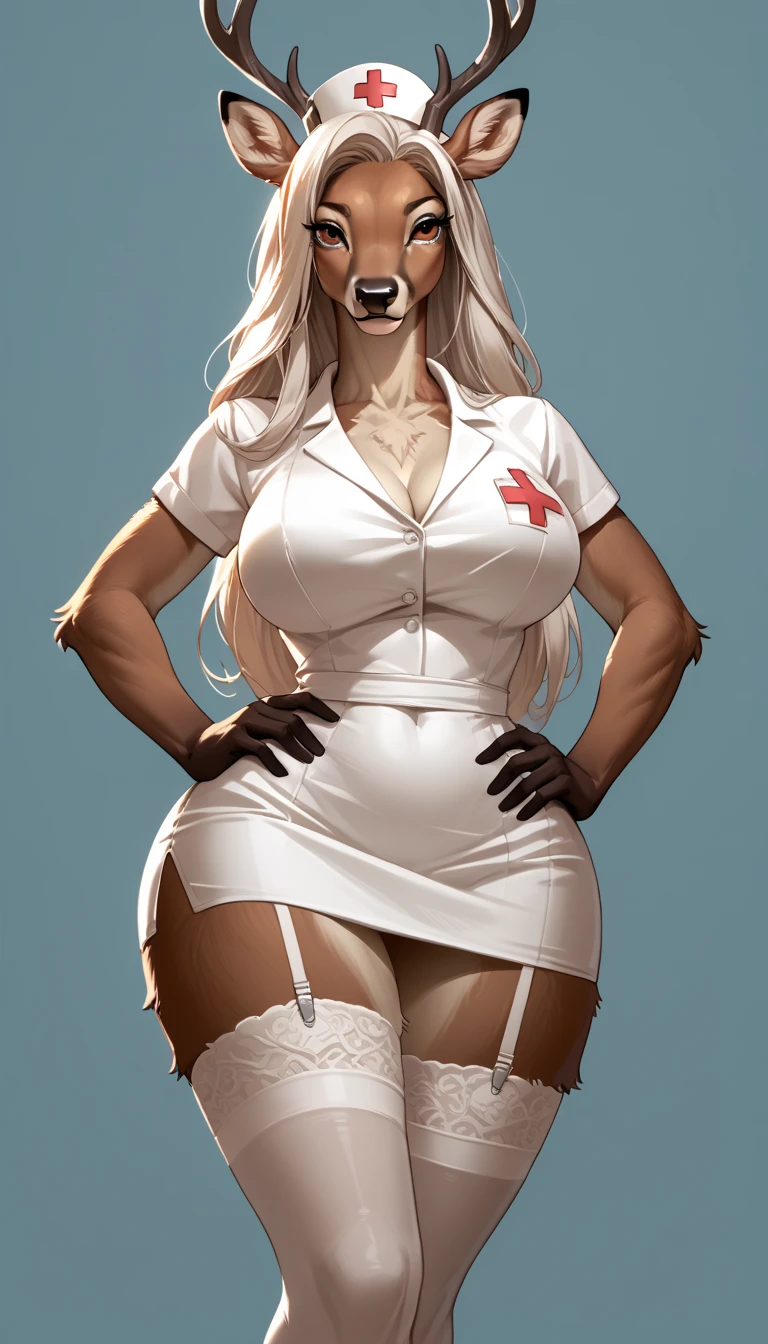 score_9, score_8_up, score_7_up, score_6_up, score_5_up, score_4_up, (solo), female anthro hyena, sexy nurse dress, lusty, fluffy body, long blond hair, turquoise eyes, (thick thighs:1.5)((( offering the breasts))) sex partial clothes, (((cleavage))) semi-butonned uniform niform, (barely_visible_booba) (she is standing) , giant breasts, garter belt tights
