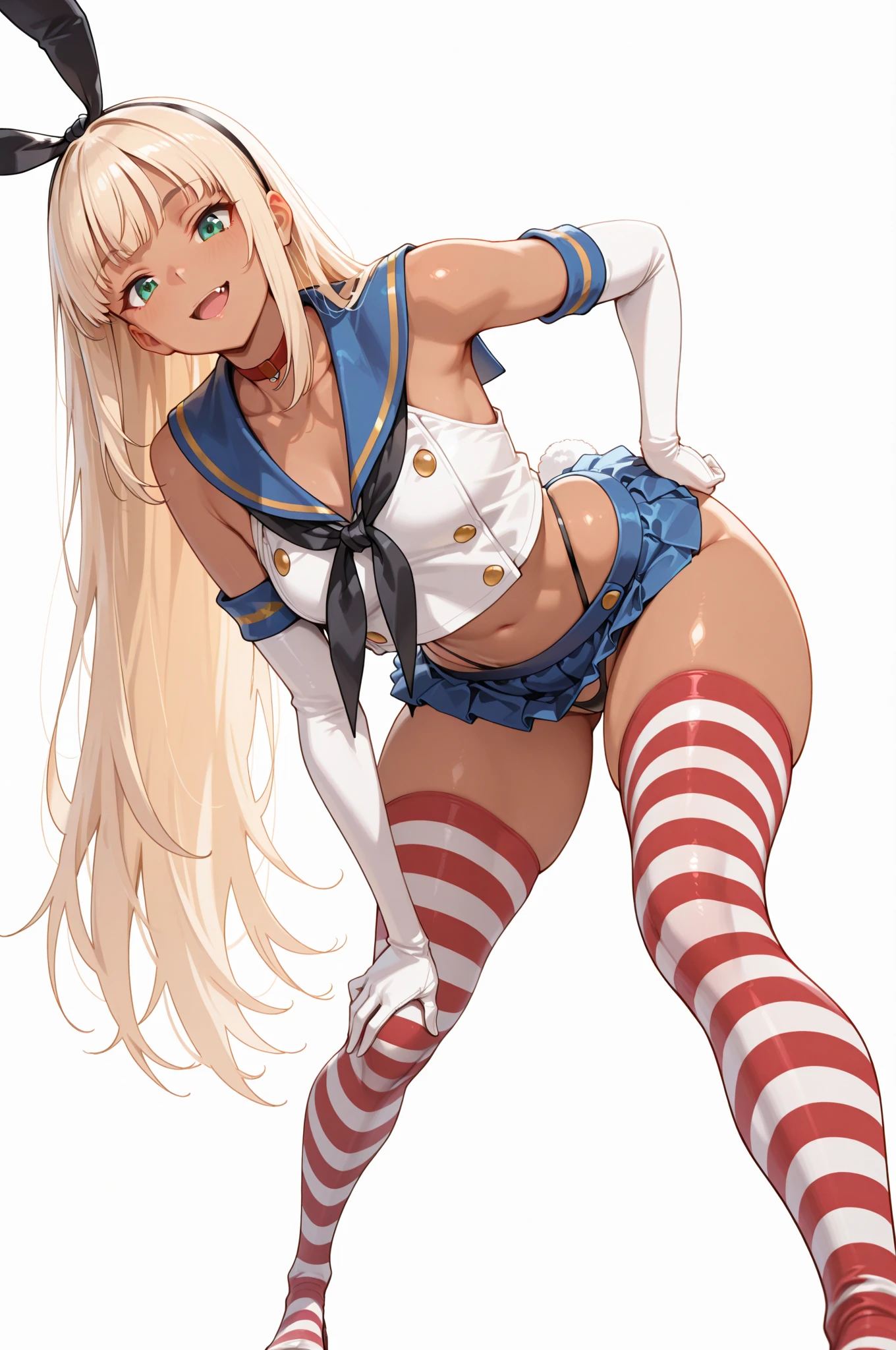 masterpiece, best quality, whole-body, <lora:shimakaze-09:1> shimakazeKC, 1girl, solo, long hair,skirt, hair ornament, thighhighs, gloves, navel,black panties,hairband,serafuku, elbow gloves,sailor collar, neckerchief, striped thighhighs, highleg panties,, Copenhagen, Denmark