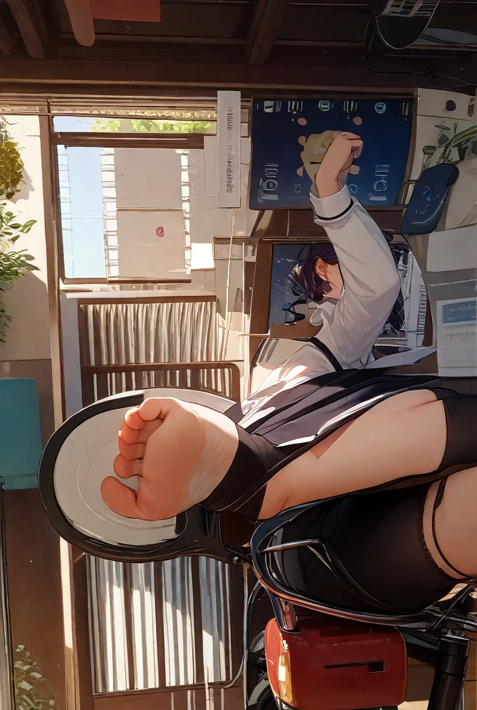 there is a woman sitting on a bench with her legs up, highly detailed giantess shot, extremely detailed giantess shot, macro giantess, giantess shot, looking from slightly below, kneeling and looking up, mid view from below her feet, legs taking your pov, perspective from below, very low angle, giantess, (sfw) safe for work