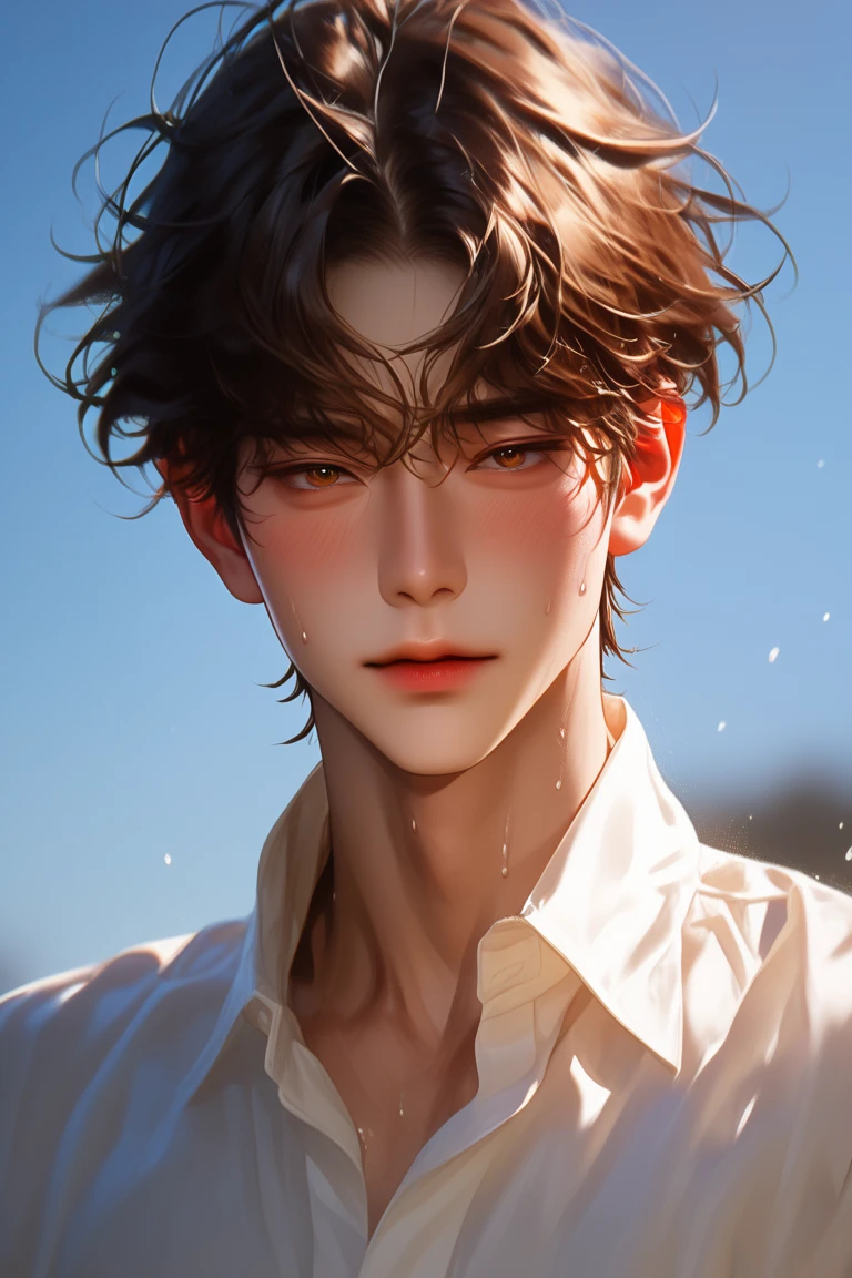 ((best quality)), ((Masterpiece)), (details), ((perfect face)), ((half body)) Handsome face, man, teenage boy,  perfect proportions , Characters from the anime gatekeepers , Casual wear, details school interior scenery background ผมสีดำ, blue eyes,Black cat ears,