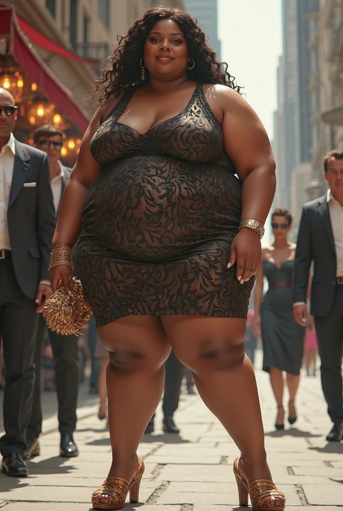 Roxanne Hancock, her name is Shaniqua, high quality, 1 old woman, ((50-year-old pear shaped body black woman)), ((50 years old)), (((pear shaped body 1.9))), ((thick thighs)), ((wrinkled body)), ((((old body)))), ((short curly hair)), (no make up), (she is wearing an extravagant gown), POSE: standing, BACKGROUND: outdoor: in the busy streets of the city where the party scene is buzzing
