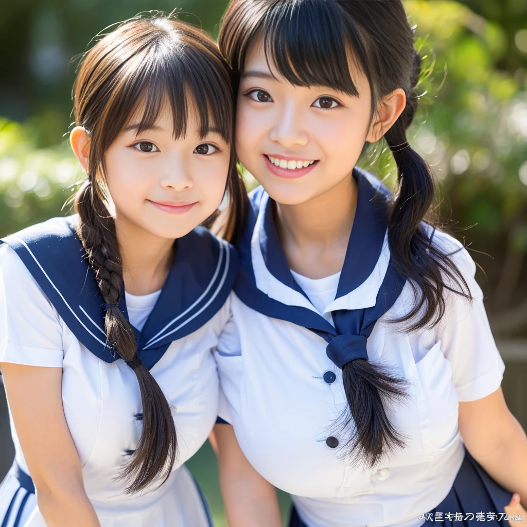 cute, two girls, elementary school students, black hair, twin tails, dark blue school swimsuit, medium bust, smile, shiny skin