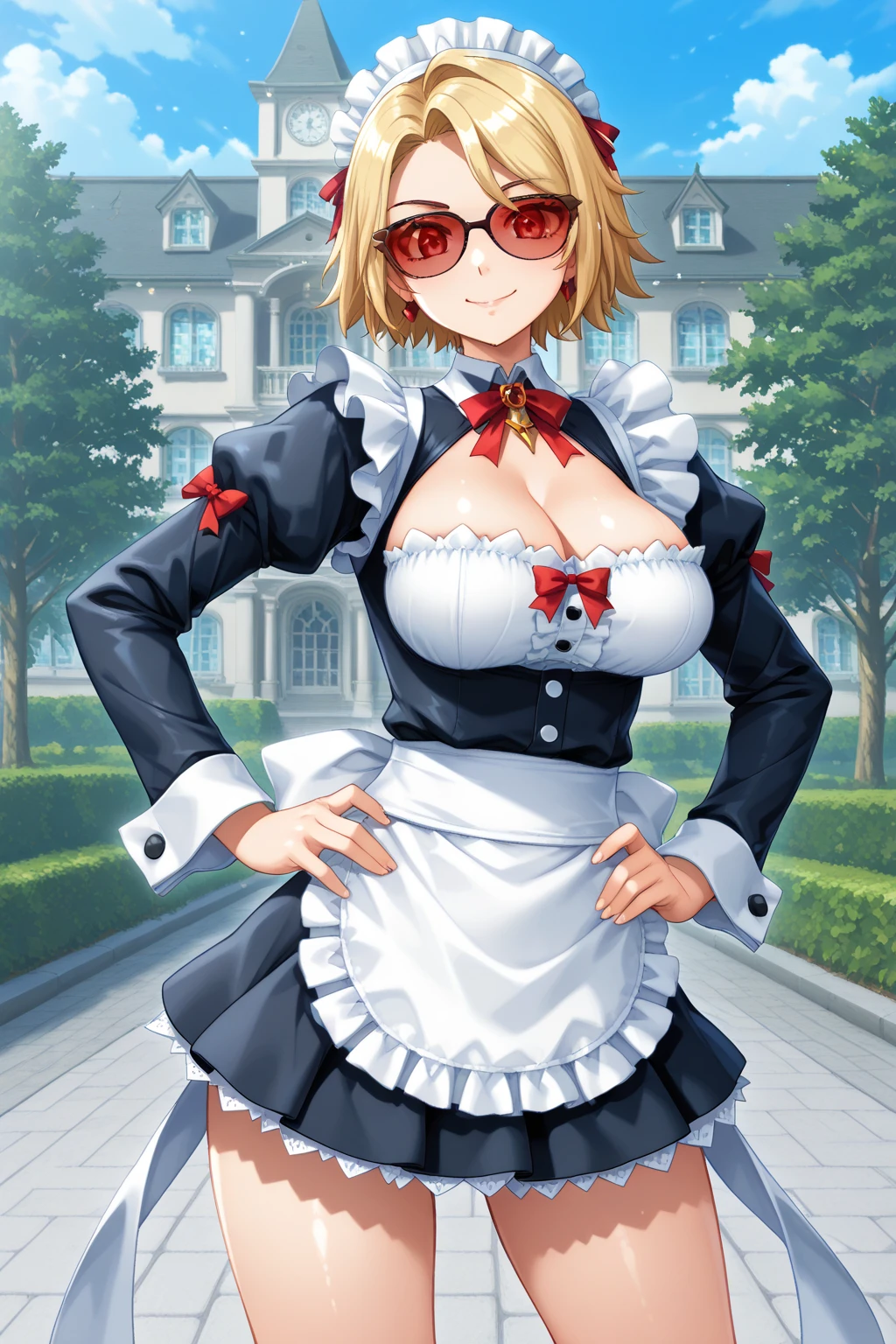 Solo , (maid, cleavage) , smile , Joni the red, blonde , large breast , short hair , red sunglasses , apron , mini skirt , mansion garden , outside , hands on hip