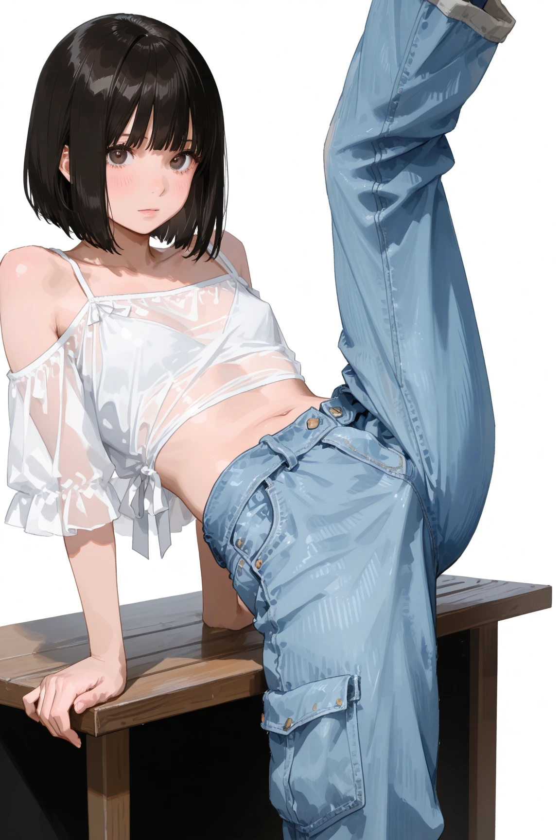 ((masterpiece, best quality)),((highres:1.2)), 1 Girl, solo, Cowboy Shot, Blurred Background, (((flat chest))), Thighs, ((topless)), (((Fantastic Pose:1.2))), pixie cut