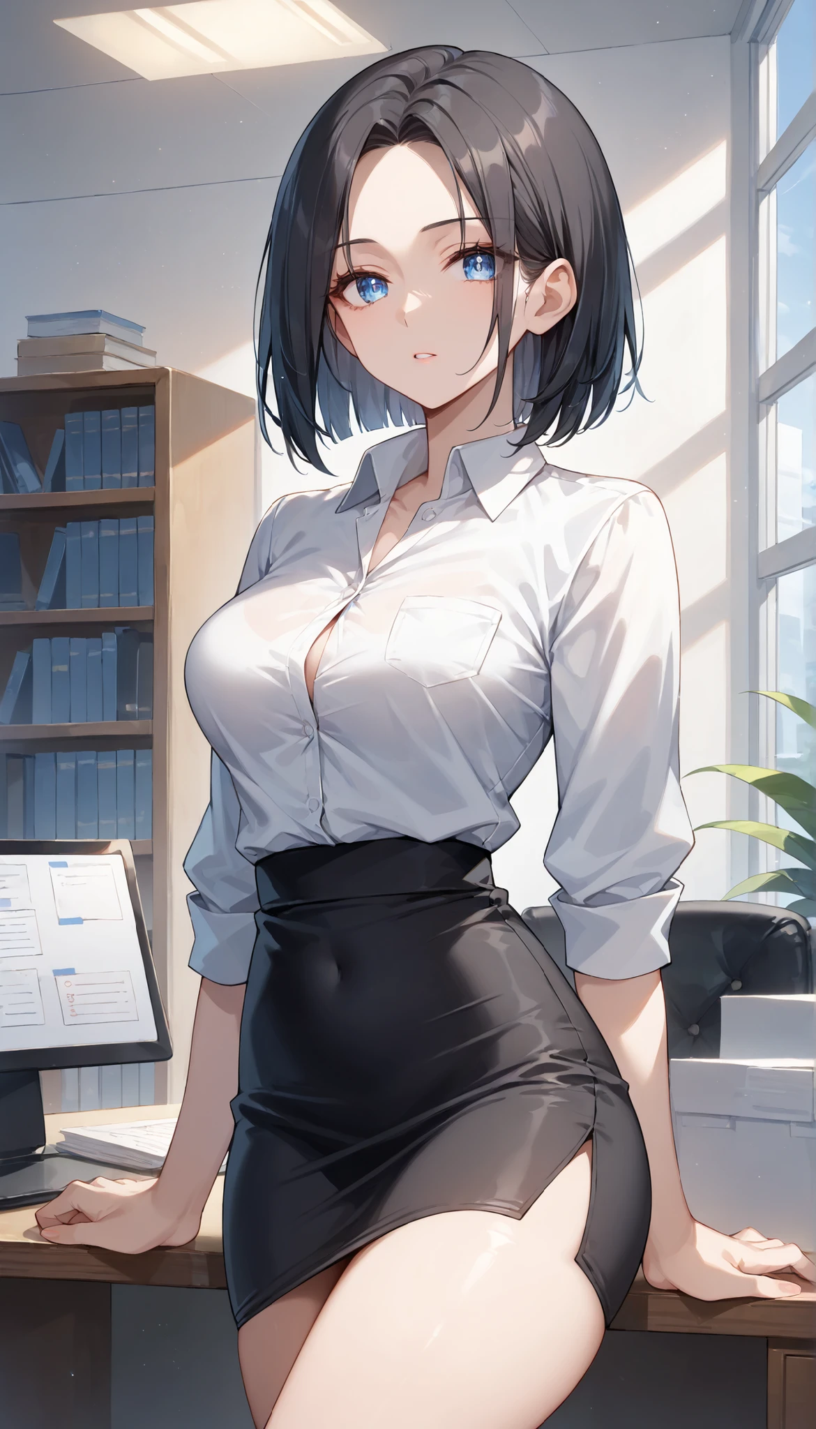 1girl, medium hair, black hair, purple eyes, mature female, hourglass figure, breasts, teacher, shirt, white shirt, skirt, pencil skirt, pantyhose, black pantyhose, belt, choker, cleavage, tall, smile, light smole, collar, button shirt, pixie cut, 