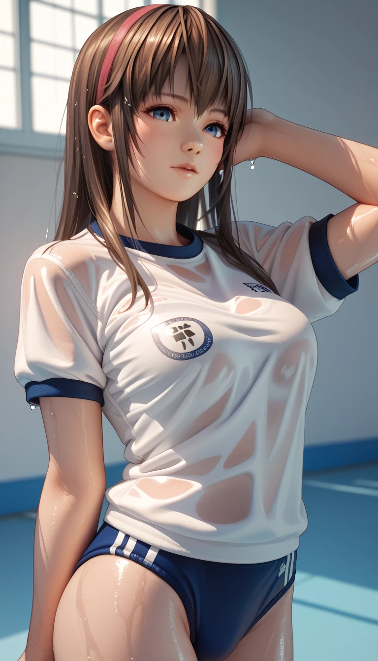 (masterpiece,highest quality,超A high resolution),japanese woman, (((very beautiful 20 year old girl))), pretty girl、look at the photographer、 ((beautiful low ponytail)), super cute face, glossy lips, double eyelids in both eyes,natural smile、 natural makeup, long eyelashes, shiny smooth hair、center image, perfect limbs, perfect anatomy,(((soccer uniform)))、(wet with sweat),,beautiful breasts,See-through,,look back
