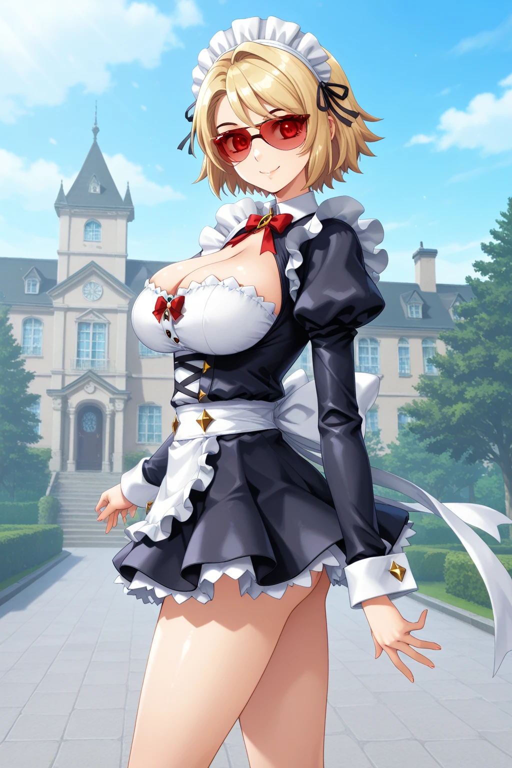 Solo , (maid, cleavage) , smile , Joni the red, blonde , large breast , short hair , red sunglasses , apron , mini skirt , mansion garden , outside , side back view