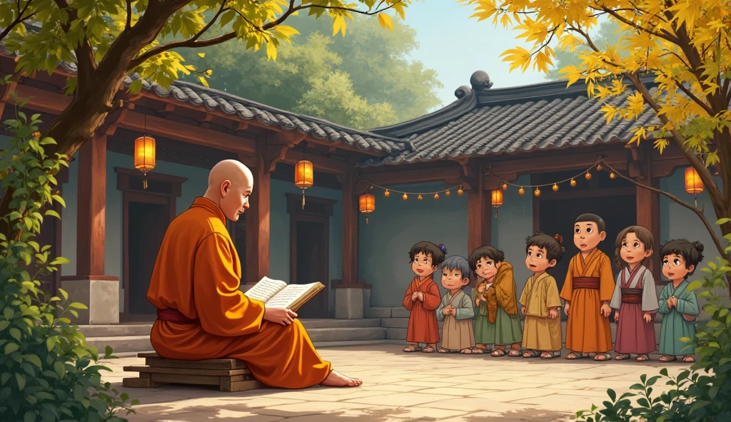 An wisdom full old fat Chinese monk, surrounded by temples, young students visiting to meet, beautiful scenario, trees, in anime style