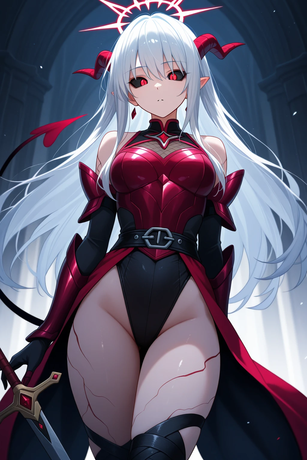 beautiful longhaired beautiful elegant and dominating and sexy succubus, full one piece dress, adult figure, petite body, ((very small breasts)), ((((only thigh to head shot)))), ((medieval nobles residence)), succubus horns, pointed succubus ears, blood red eyes, succubus demon tail, ((medieval fantasy motif)), black pantyhose, ((((hot and bothered)))), ((((adult body))))