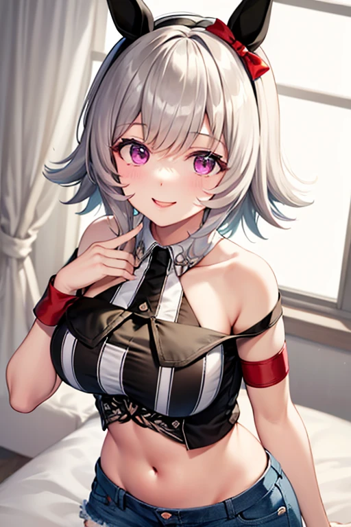masterpiece, best quality, AliceKV4, 1girl, solo, looking at viewer, smile, anime coloring,((((upper body)))), (blushed, healthy skin), authority, (((bra))), blood on face, breasts, (((sadistic girl))), bare shoulders, sleeveless, constricted pupils, waitress, bdsm, white hair