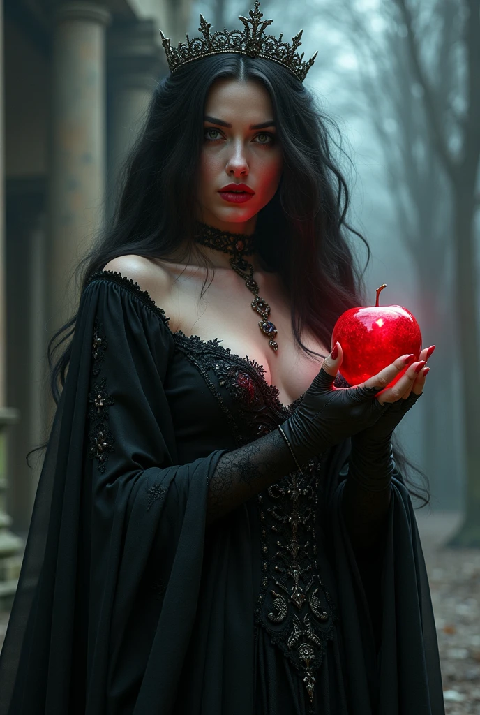 Girl,Black long hair,Black Queen,accessories,Apple in hand,Poison apples,Witch Queen,Red lipstick, large breasts