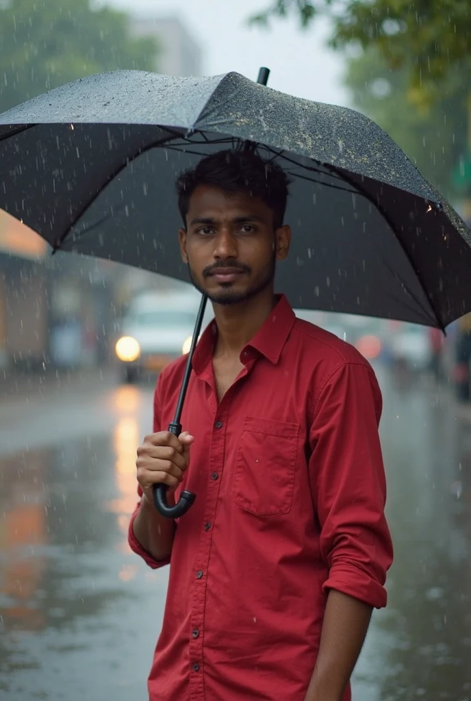 A Bangladeshi 30 year old  beautiful boy is standing in the middle of a road with an umbrella in his hand and it is raining in the afternoon