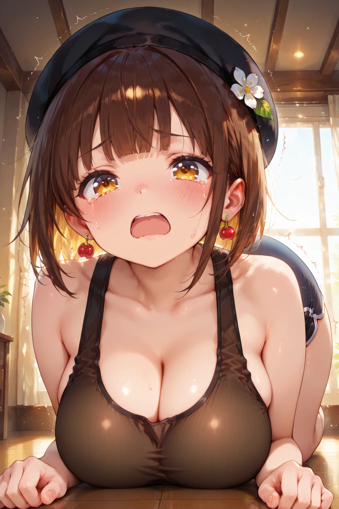aachiyoko, double bun, twintails, neck ribbon (shy:1.3), (embarrassed:1.4), looking_at_viewer, kneeling , looking up, cumdump, creampie, sea-through nipples, (excessive cum:1.2), (cum on hair:1.3), 1boy, detailed penis, paizuri, fellatio, open mouth, tongue out, (detailed tongue:1.3), (licking penis:1.3), tongue licking, cum on tongue