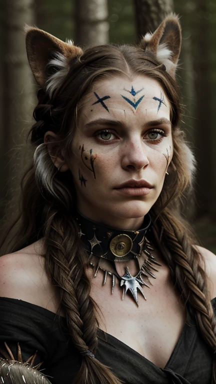 score_9, score_8_up, score_8, score_9, score_8_up, Horror-themed portret photo of nordic woman, cute slim face, (dark smoke eyes makeup:1.2), war face paint, mohawk blonde haircut wit thin braids, (runes tattoos on neck:1.3), (detailed dirty skin:1.3) shiny, (epic battleground backgroun :1.2), bokey, vigneting, (high contrast:1.3) fenliexl, mixed media, surrealism