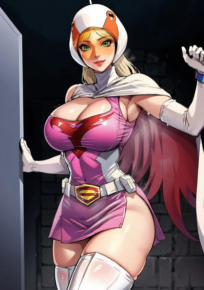 A sexy girl with white hair dressed as a nurse, In a room, unsmooth skin, neckleace, shining skin, perfect detailed yellow eyes, Stockings, shy and blushing face extremely sexy.