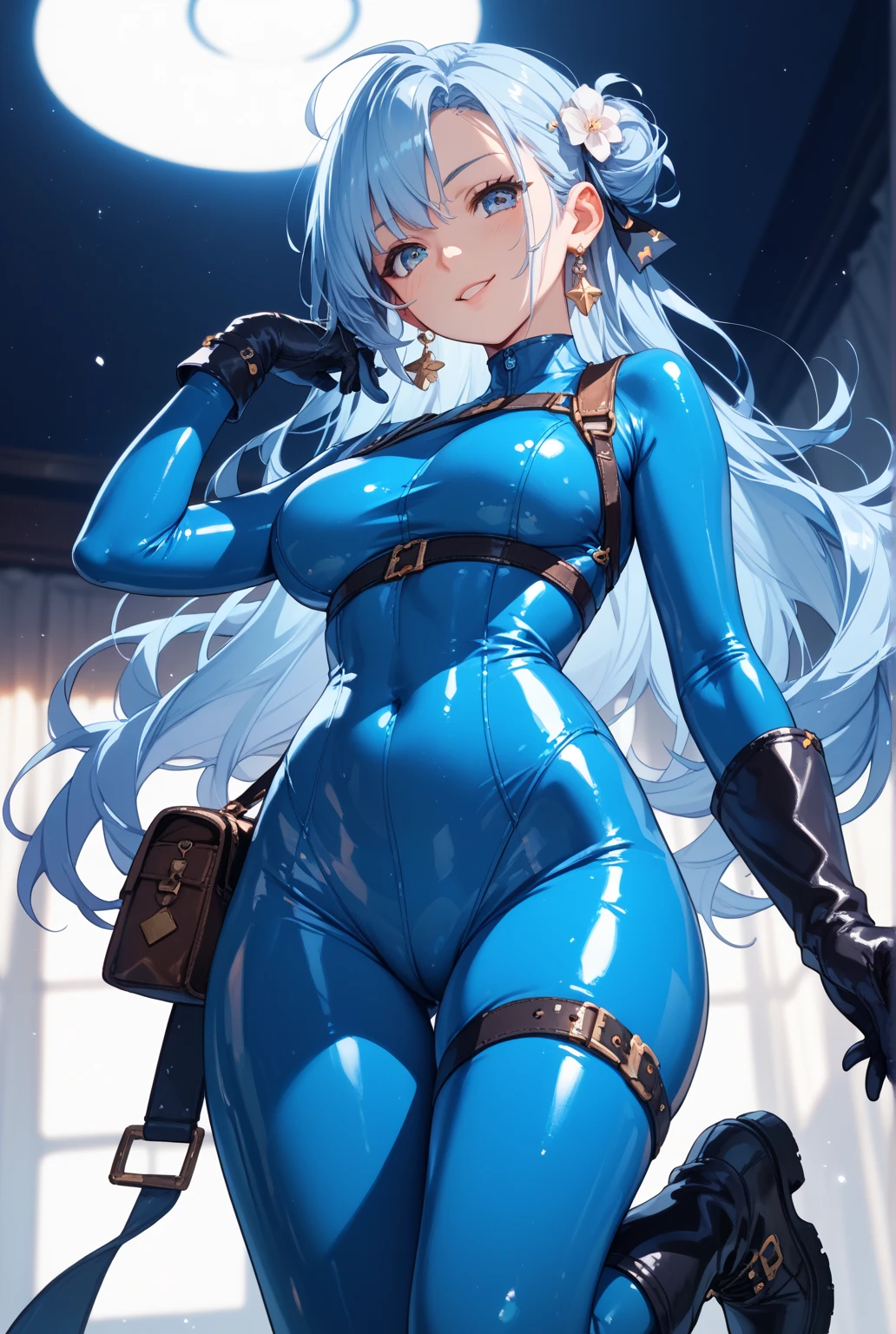 best quality, 32k, RAW photo, incredibly absurdres, extremely detailed, delicate texture, intelligent beauty, medium hair, blue hair, hair over one eye, (blue leotard with green accents), (tight belt), matching gloves, matching boots, ankle boots, playful, cute smile, closed mouth, outside office balcony, (body infused with frost)