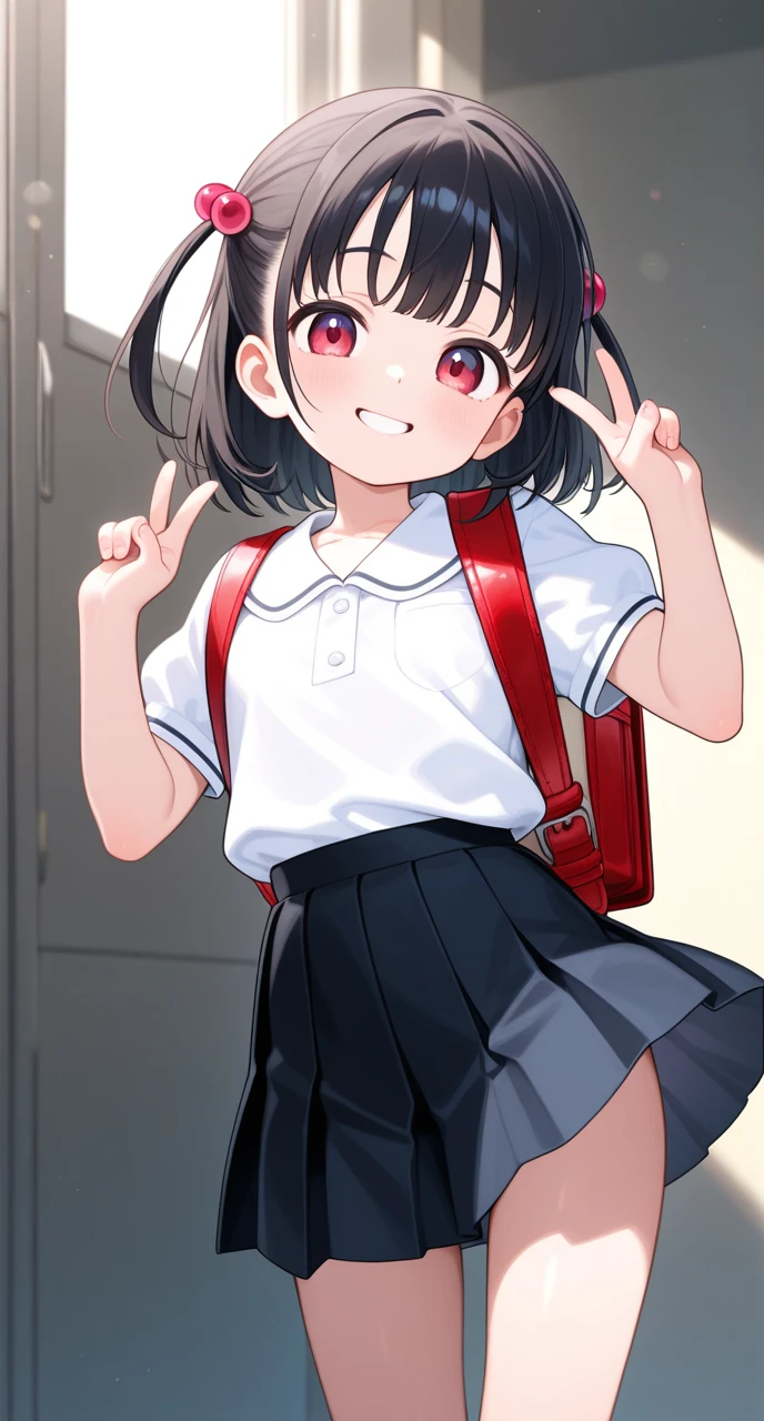 young girl, short gray hair, red-eyes, white tanktop, Upskirt, ssmile, backpack, stocklings, Masterpiece, hiquality